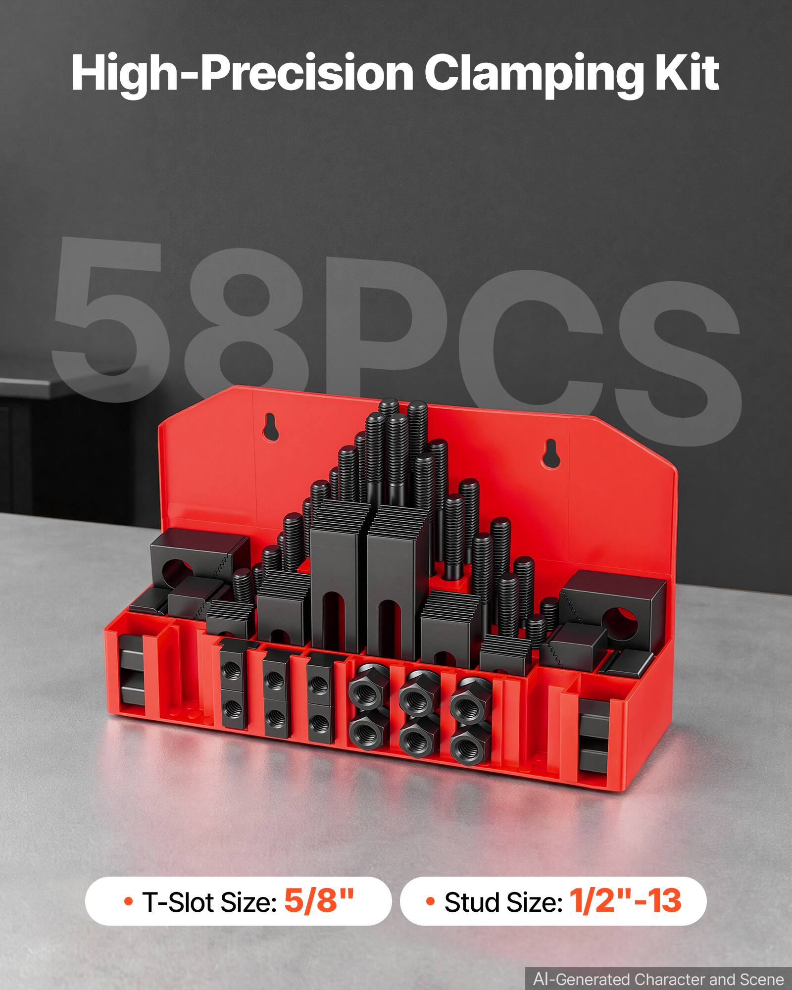 High-Precision Clamping Kit 58PCS

T-Slot Size: 5/8"

Stud Size: 1/2"-13

AI-Generated Character and Scene