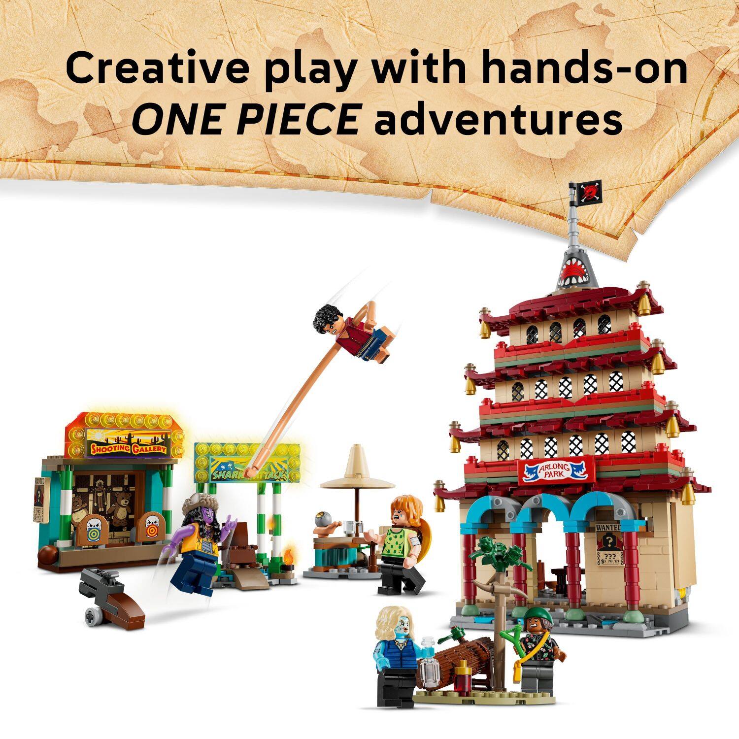 Creative play with hands-on ONE PIECE adventures F & SHOOTING CALLERY SHARK TACKS ARLONG PARK WANTED ATTACKS ?