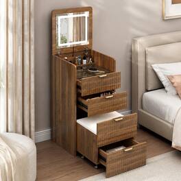 RYHNUYNE - 3 in 1 Vanity Desk, Flip Top Mirror with Lights, 3 Drawers, Rolling Stool, Makeup Table - Walnut