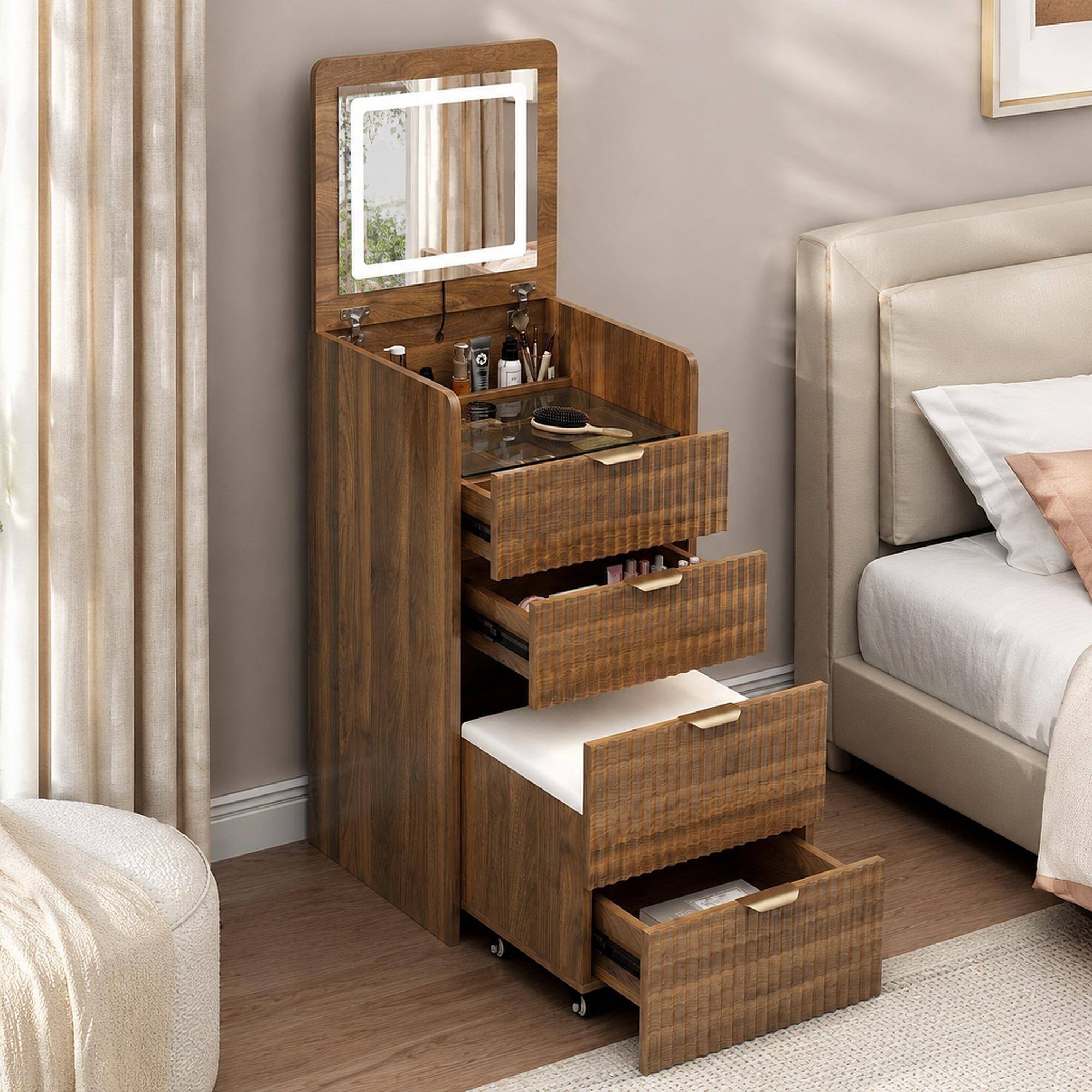 Front. RYHNUYNE - 3 in 1 Vanity Desk, Flip Top Mirror with Lights, 3 Drawers, Rolling Stool, Walnut Makeup Table - Walnut.