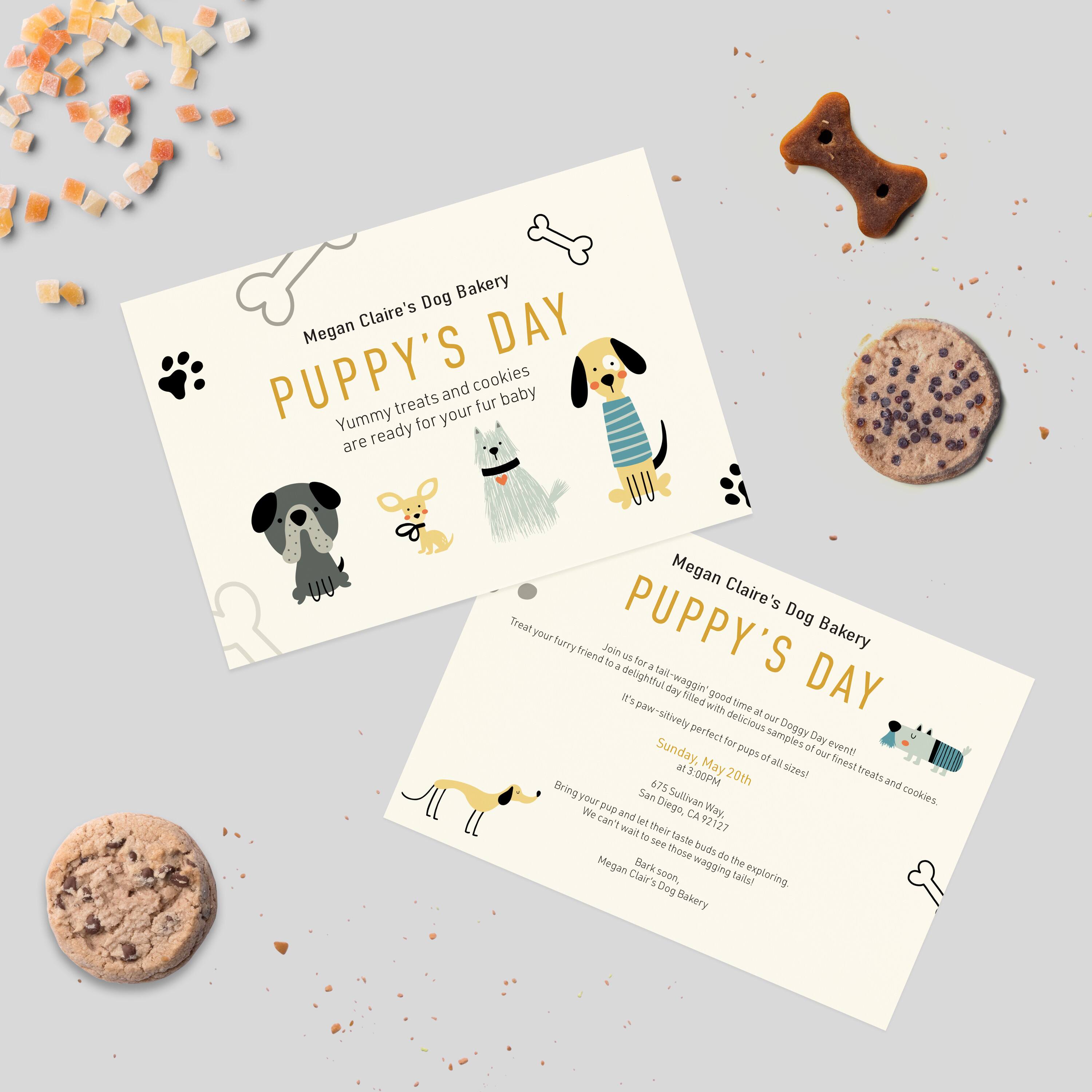 Megan Claire's Dog Bakery

PUPPY'S DAY

Yummy treats and cookies are ready for your fur baby

Join us for a delightful day at our Doggy Day event! It's a paw-sitively perfect time to sample our finest treats and cookies of all sizes!

Sunday, May 20th at 3:00PM

675 Sullivan Way, San Diego, CA 92127

Bring your pup and let their tail do the wagging!

We can't wait to see those wagging tails exploring, tasting, and enjoying!

Megan Claire's Dog Bakery