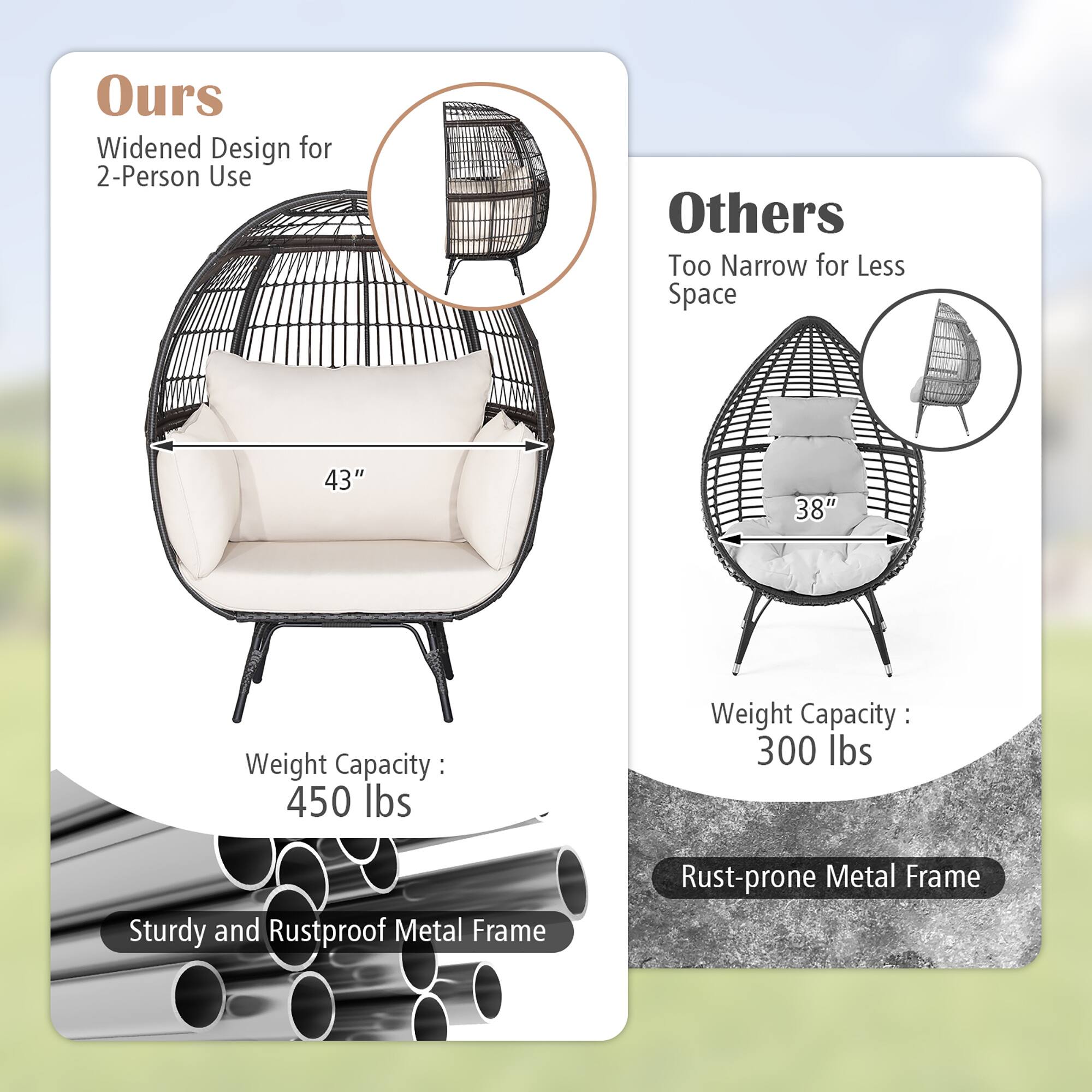 **Ours**

- Widened Design for 2-Person Use
- 43"
- Weight Capacity: 450 lbs
- Sturdy and Rustproof Metal Frame

**Others**

- Too Narrow for Less Space
- 38"
- Weight Capacity: 300 lbs
- Rust-prone Metal Frame
