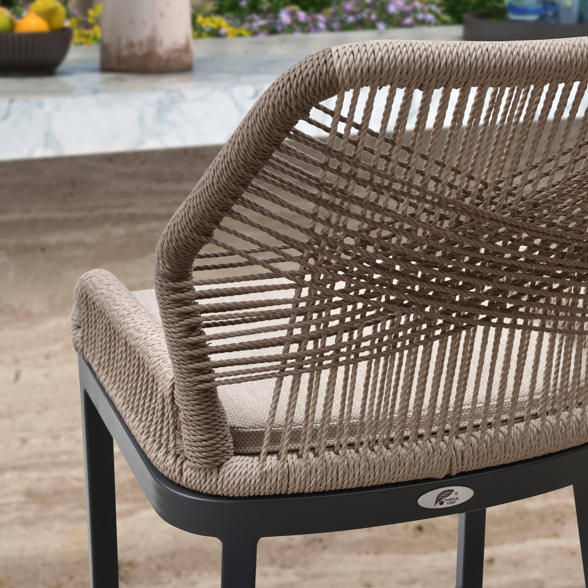 Back. PURPLE LEAF - Outdoor Bar Stool Set of 2, Wicker Rattan Bar stools with Back Aluminum Outside Garden Patio Bar Chairs - Dark Grey-twill-Counter Height.