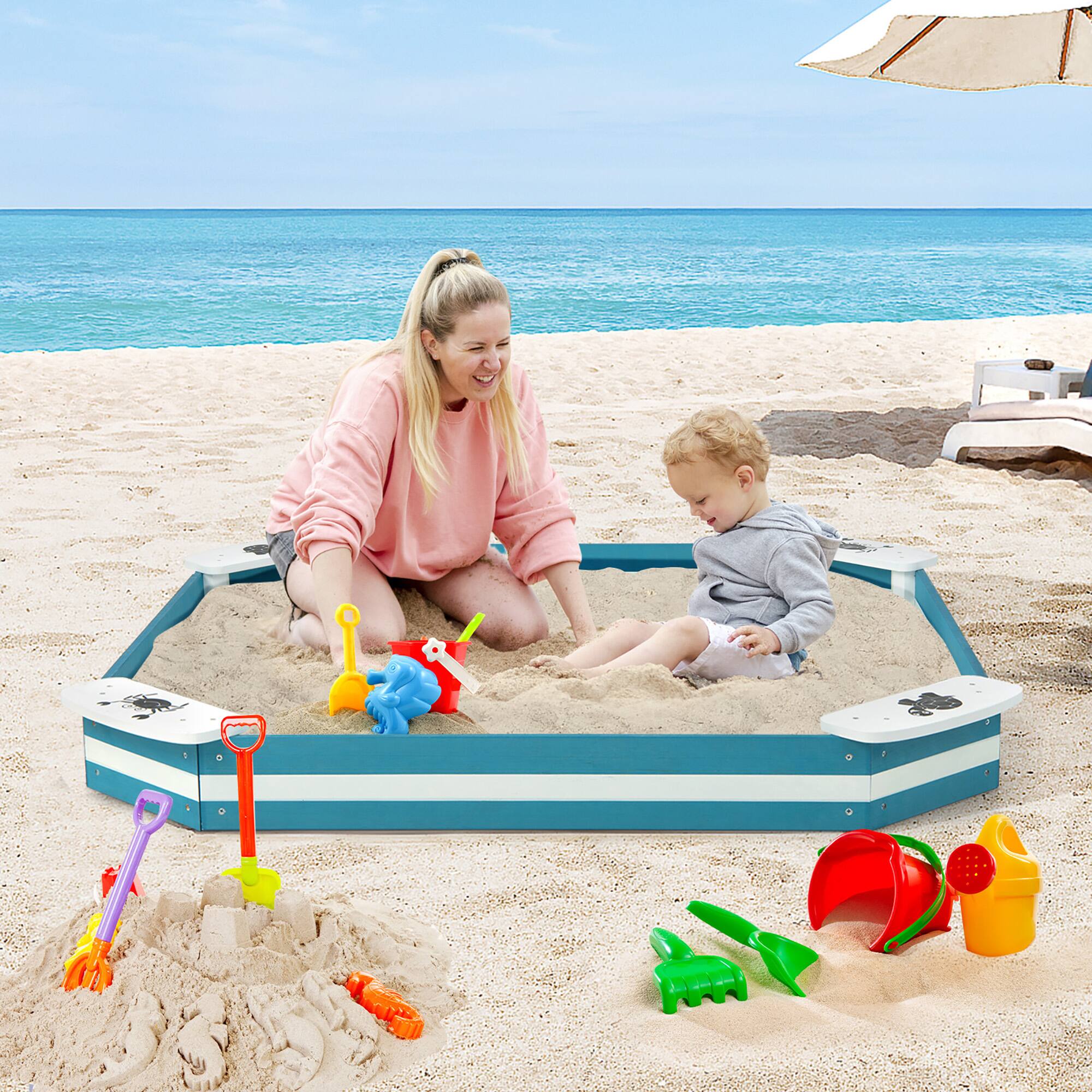Alt View 1. Costway - Costway Outdoor Wooden Sandbox with Animal Patterns Seats Backyard Bottomless Sandpit - Blue,White.