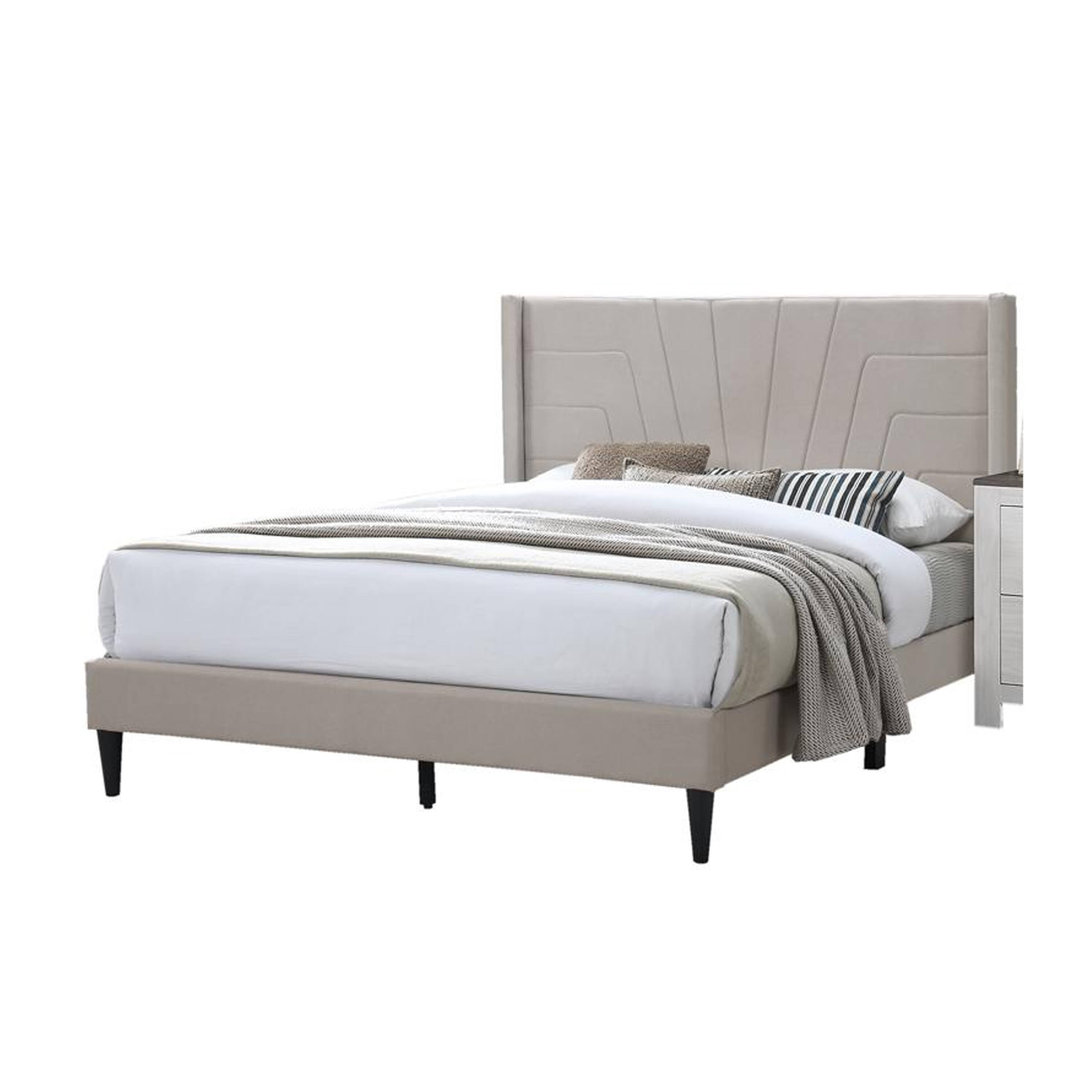 Alt View 1. Manhattan Lane - Kopa Queen Size Bed with Tufted Headboard, Brown Burlap Upholstery - Brown, Black.