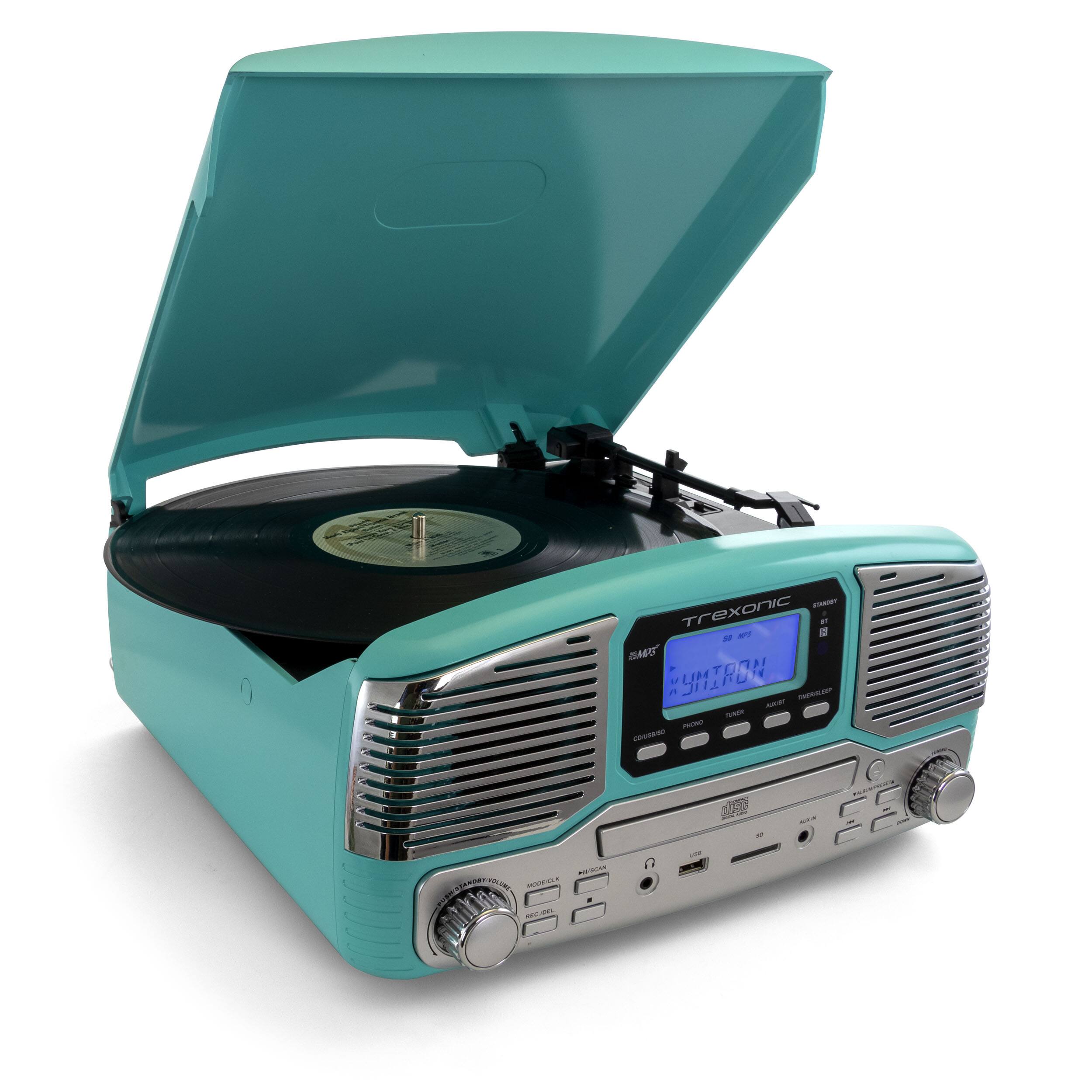 Trexonic - Retro Wireless Bluetooth, Record and CD Player in Turquoise - Black