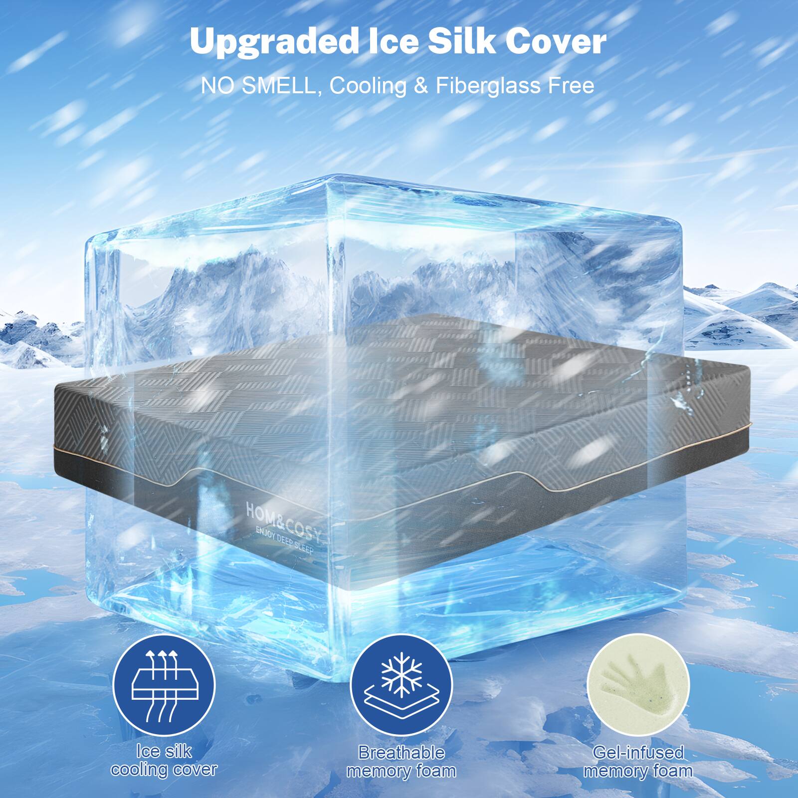 Upgraded Ice Silk Cover  
NO SMELL, Cooling & Fiberglass Free  

Ice silk cooling cover  
Breathable memory foam  
Gel-infused memory foam
