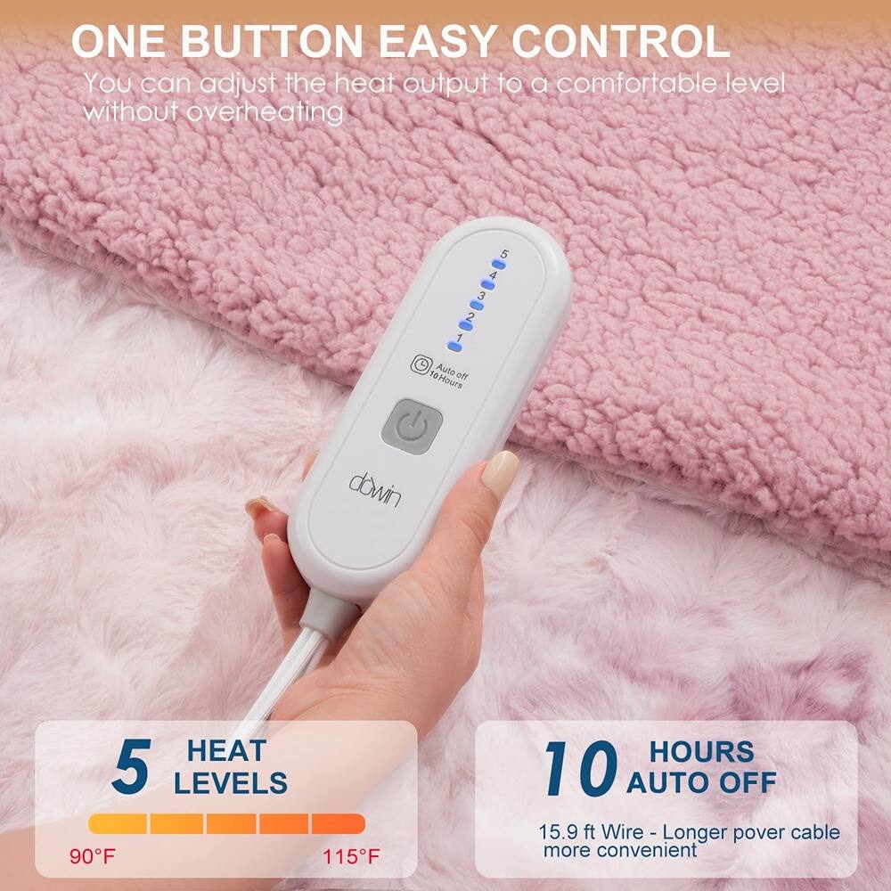 ONE BUTTON EASY CONTROL  
You can adjust the heat output to a comfortable level without overheating  

5 HEAT LEVELS  
90°F - 115°F  

10 HOURS AUTO OFF  
15.9 ft Wire - Longer power cable more convenient