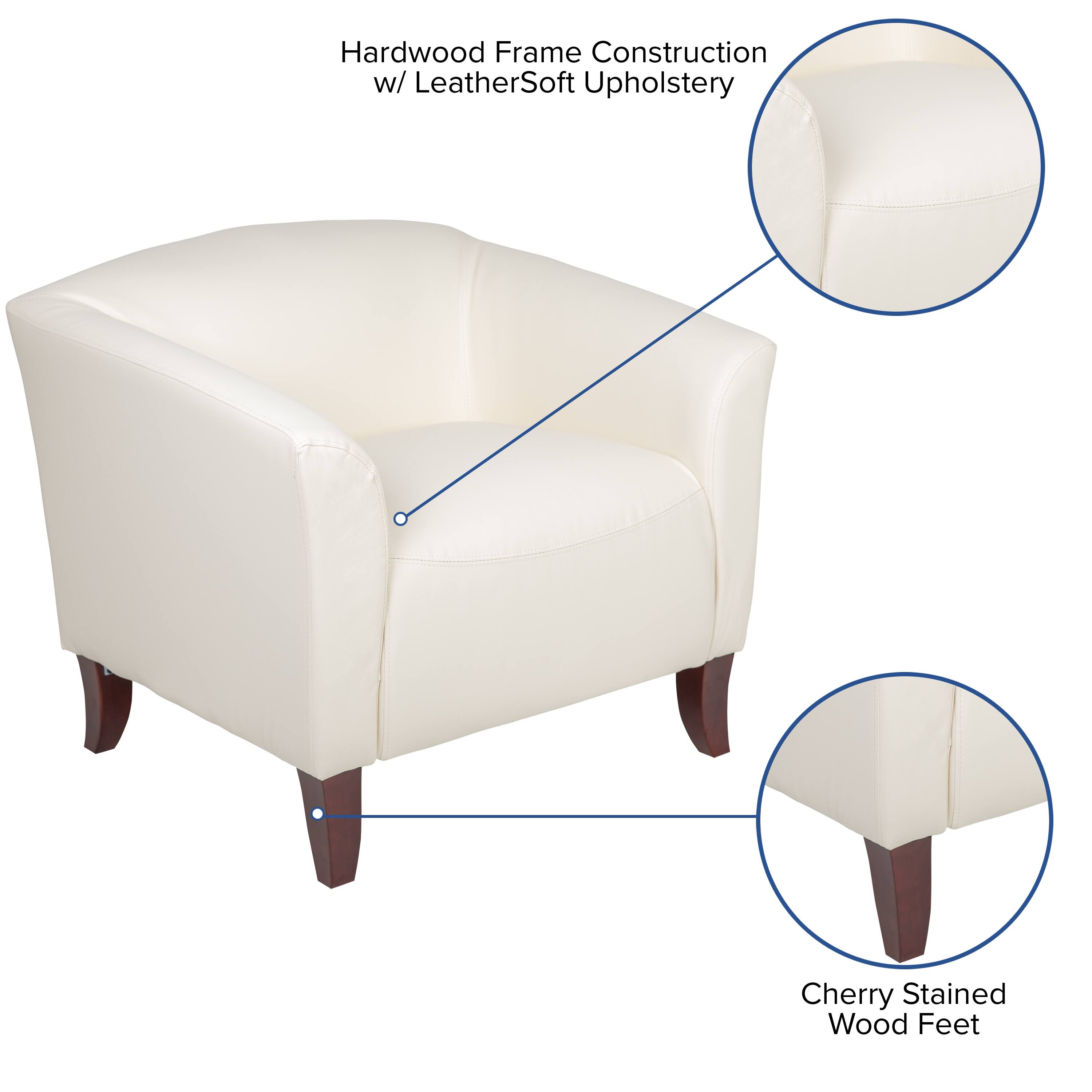 Hardwood Frame Construction w/ LeatherSoft Upholstery  
Cherry Stained Wood Feet