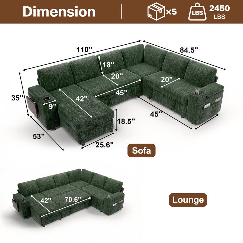 Dimension | x5 2450 LBS  
110" 84.5" 18" 20" 20" 35" 9" 42" 45" 18.5" 45" 53" 25.6"  
Sofa 42" 70.6"  
Lounge
