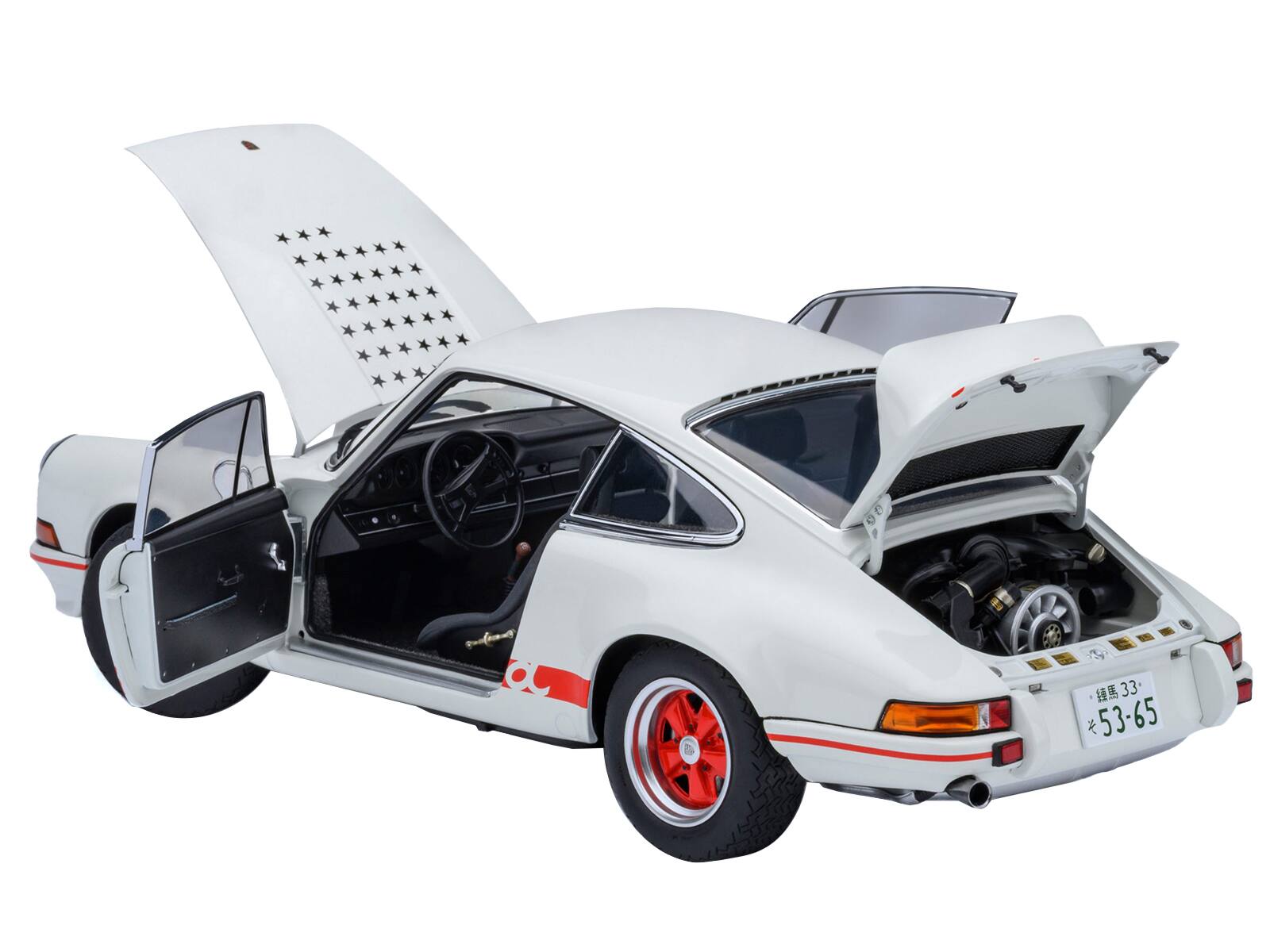 Alt View 1. Autoart - Porsche 911 Carrera 2.7 RS "The Circuit Wolf" White with Red Stripes & Wheels w/Hood Graphics 1/18 Model Car by Autoart.
