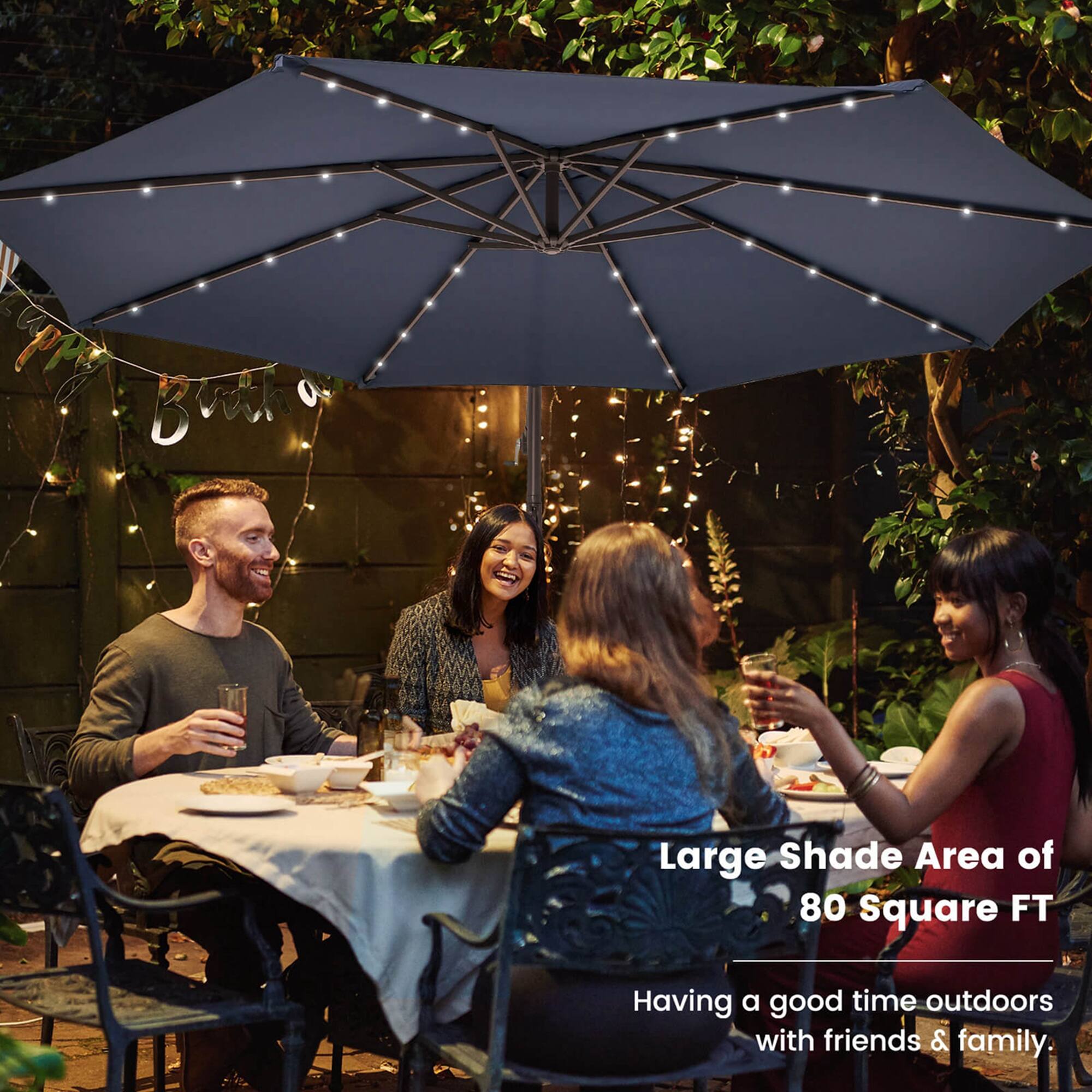 Having a good time outdoors with friends and family in a large shade area of 80 square feet.