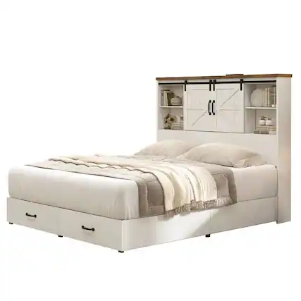 Front. Hivvago - King - White Sliding Barn Door Bookcase Wooden Platform Bed Storage Drawers - White.