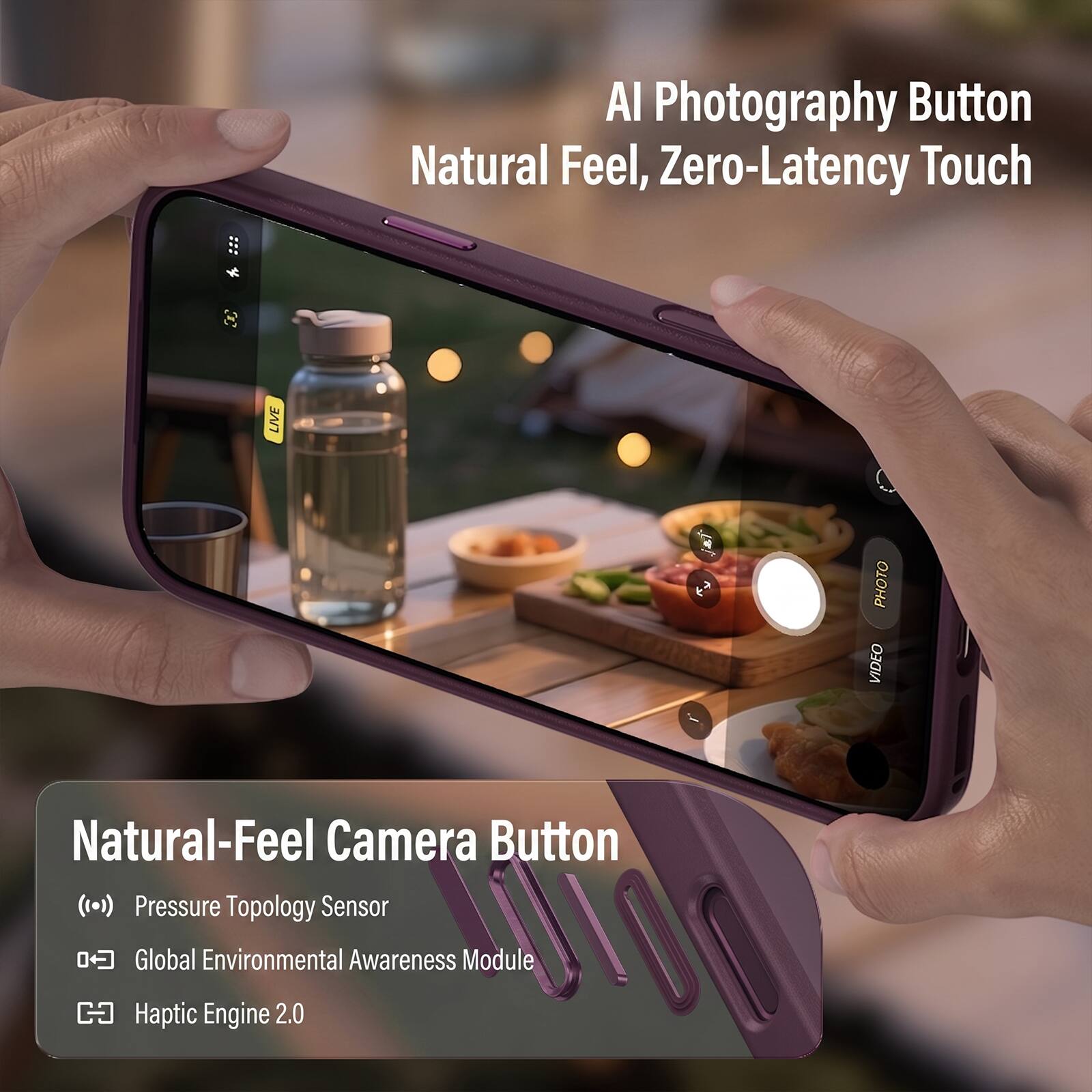 AI Photography Button Natural Feel, Zero-Latency Touch

LIVE PHOTO VIDEO

Natural-Feel Camera Button
Pressure Topology Sensor
Global Environmental Awareness Module
Haptic Engine 2.0