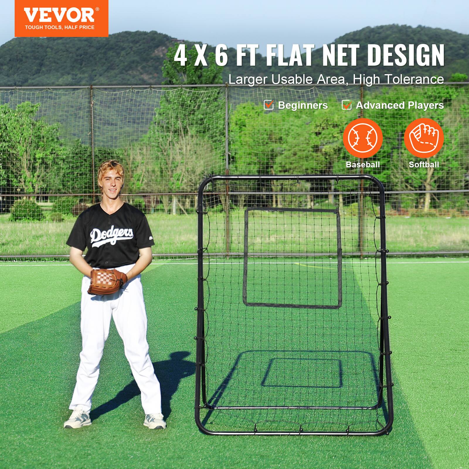VEVOR  
TOUGH TOOLS, HALF PRICE  

4 X 6 FT FLAT NET DESIGN  
Larger Usable Area, High Tolerance  

Beginners  
Advanced Players  

Baseball  
Softball