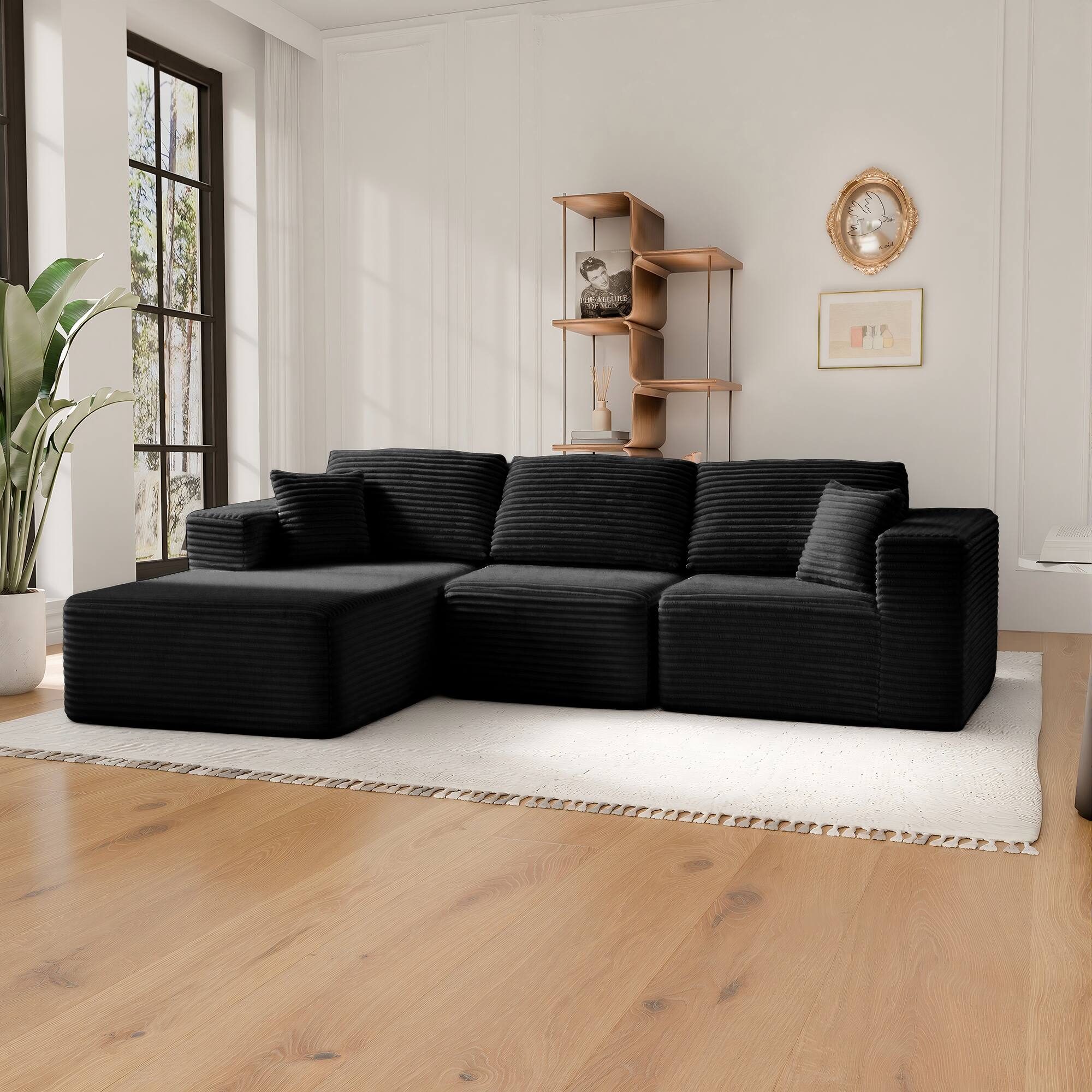 Alt View 1. PexFix - 104" Wide Ribbed Velvet L-Shaped Sectional Sofa, Modular Couch with Chaise and Comfort Foam - Black.