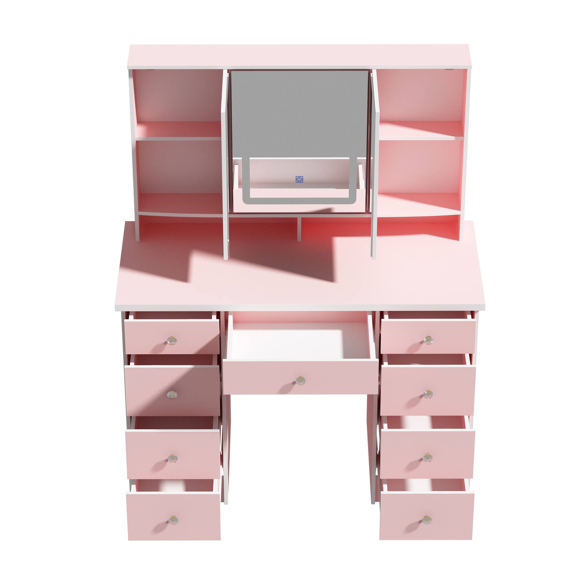 Left. Famapy - Princess - Style Smart Vanity Table with Lighted Mirror - Your Ideal Makeup Station - Pink.