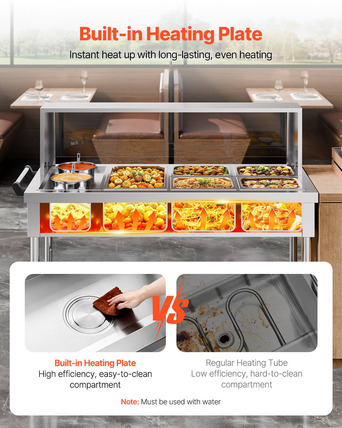 Built-in Heating Plate  
Instant heat up with long-lasting, even heating

VS

Built-in Heating Plate  
High efficiency, easy-to-clean compartment

Regular Heating Tube  
Low efficiency, hard-to-clean compartment

Note: Must be used with water