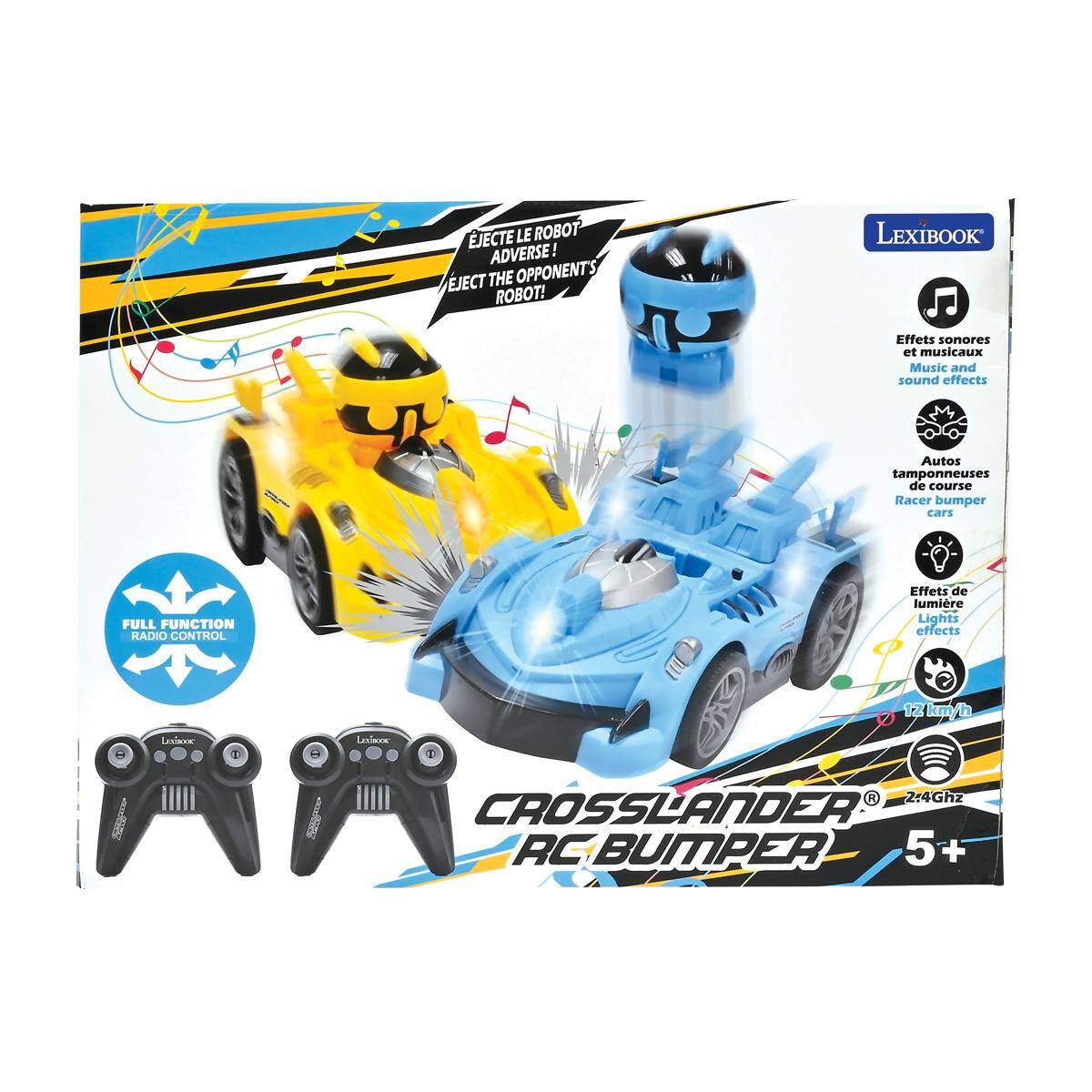 EJECTE LE ROBOT ADVERSE! ! EJECT THE OPPONENTS ROBOT! LEXIBOOK Effets sonores et musicaux Music and sound effects Autos tamponneuses de course Racer bumper cars FULL FUNCTION RADIO CONTROL Effetz de lumiere Lights effects 12 km/th Lexbooc Lexisooc a Vco 2:4Ghz CROSSLANDER RC BUMPER 5+