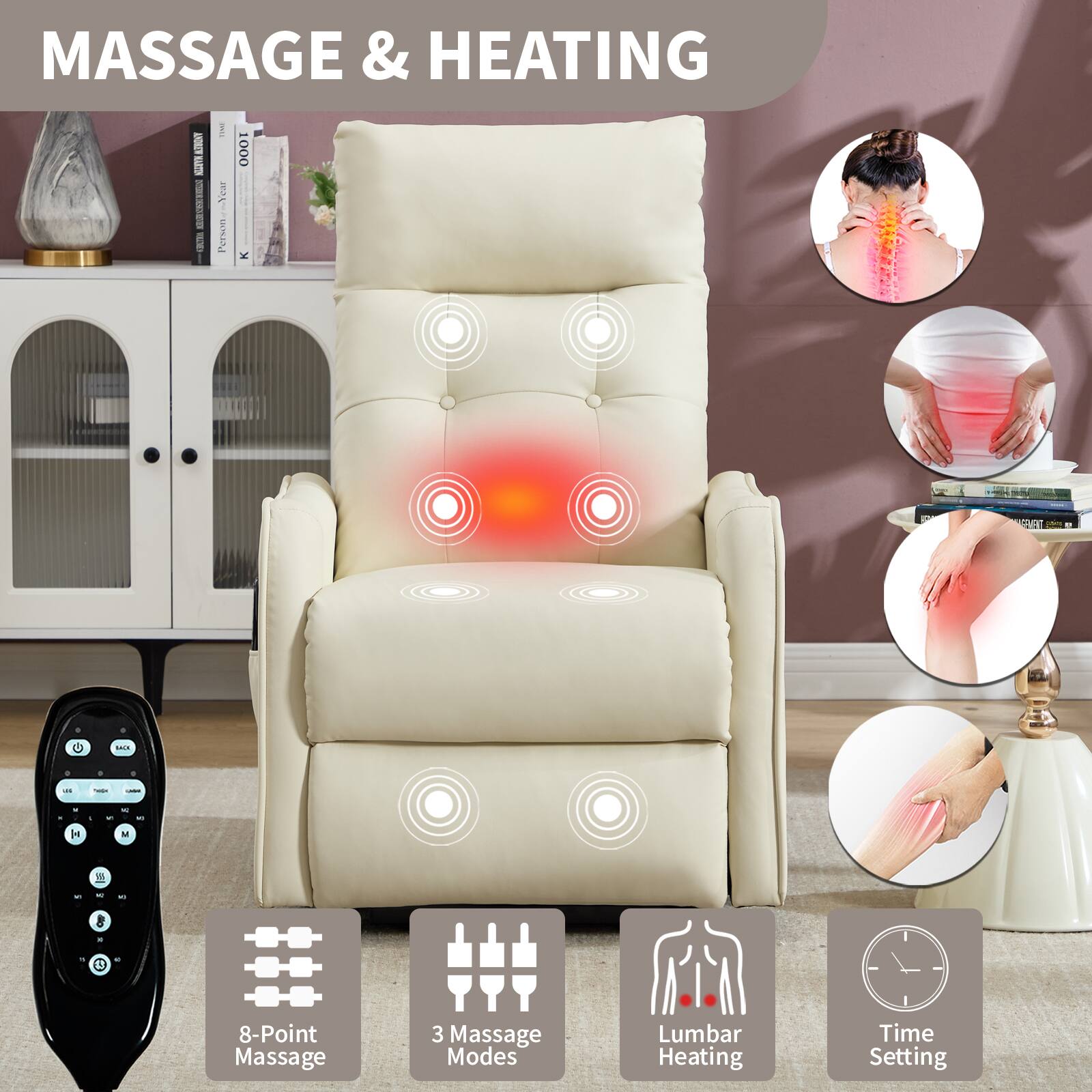MASSAGE & HEATING

8-Point Massage  
3 Massage Modes  
Lumbar Heating  
Time Setting