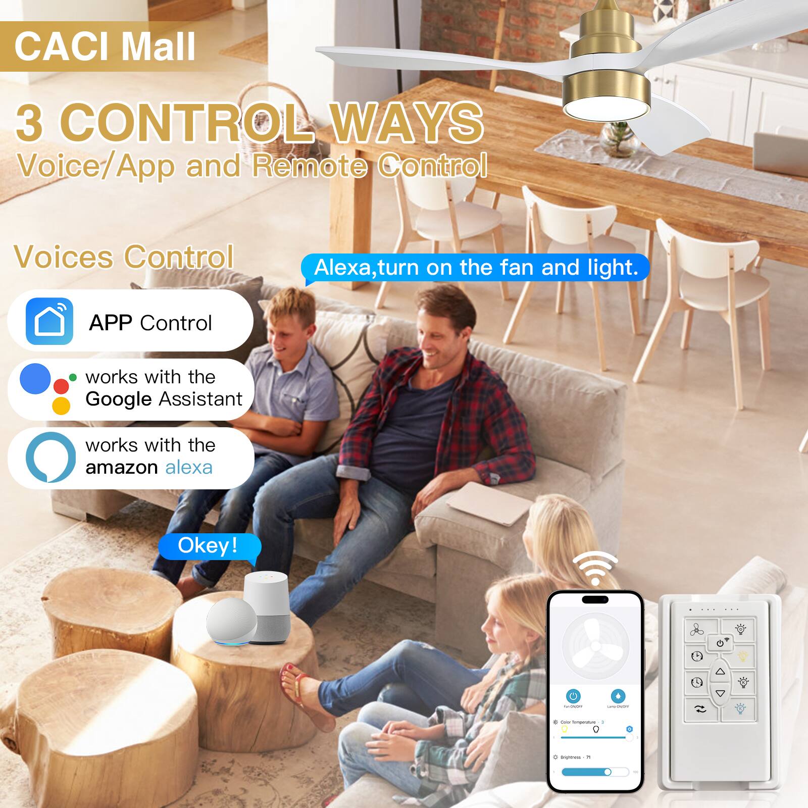 CACI Mall  
3 CONTROL WAYS  
Voice/App and Remote Control  

Voices Control  
Alexa, turn on the fan and light.  

APP Control  
- works with the Google Assistant  
- works with the amazon alexa  

Okey!