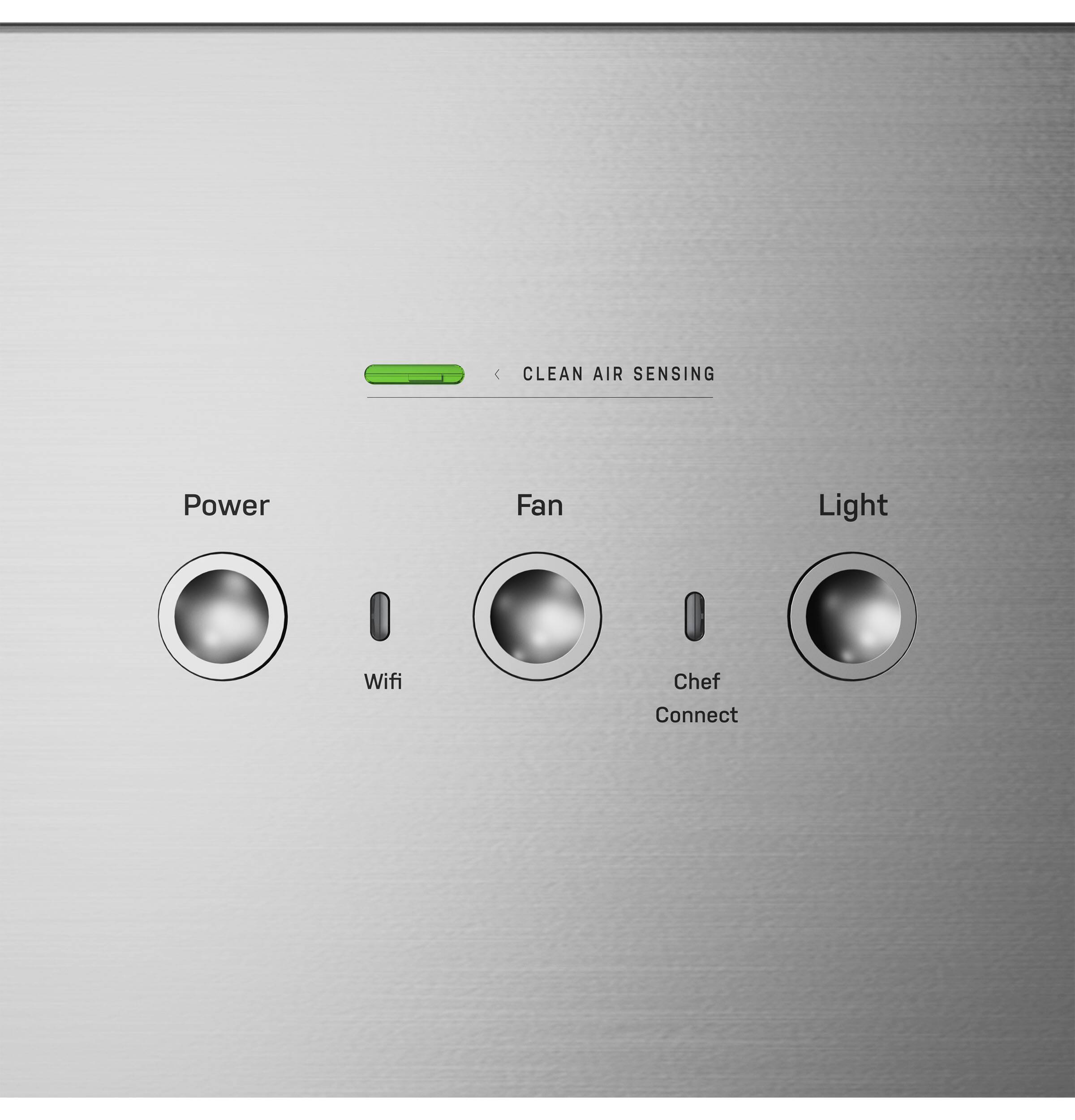 The text on the image is grouped as follows:

1. CLEAN AIR SENSING
2. Power
3. Fan
4. Light
5. Wifi
6. Chef Connect