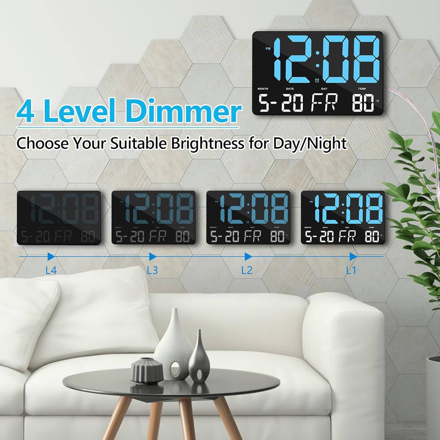 PM 12:08 - T BNTS B&T To.E 4 Level Dimmer 5-20 FR 80 Choose Your Suitable Brightness for Day/Night

12:08 12:08 12:08 12:08

5-20 FR 80 5-20 FR 80 5-20 FR 80 5-20 FR 80

L4 L3 L2 L1