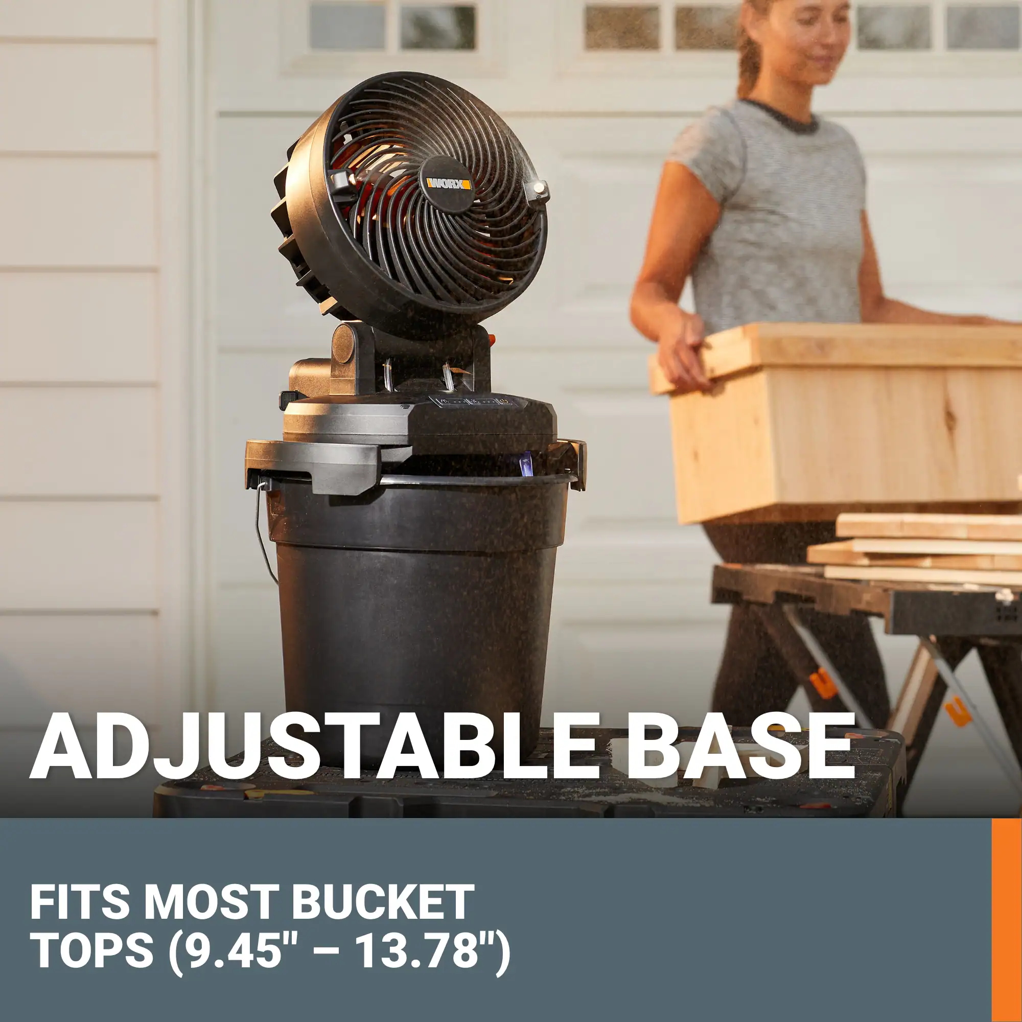The text on the image reads: "Adjustable Base Fits Most Bucket Tops 9.45" - 13 - 13.78"."
