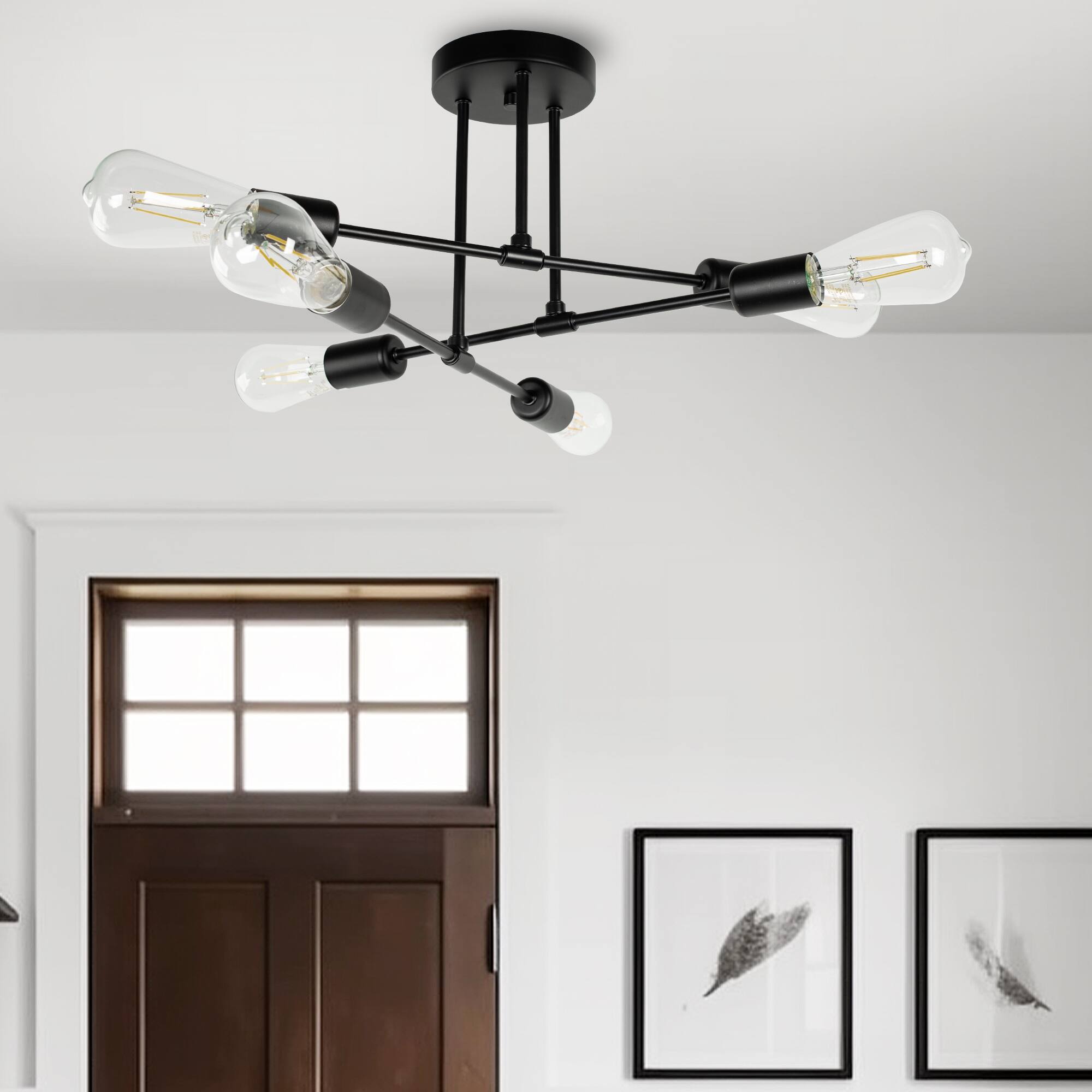 Left. Jandcase - JANDCASE 6-Light Black Branch Semi-Flush Mount Ceiling Light,E26 Socket, Non-Integrated Bulbs, for Living Room - Black.