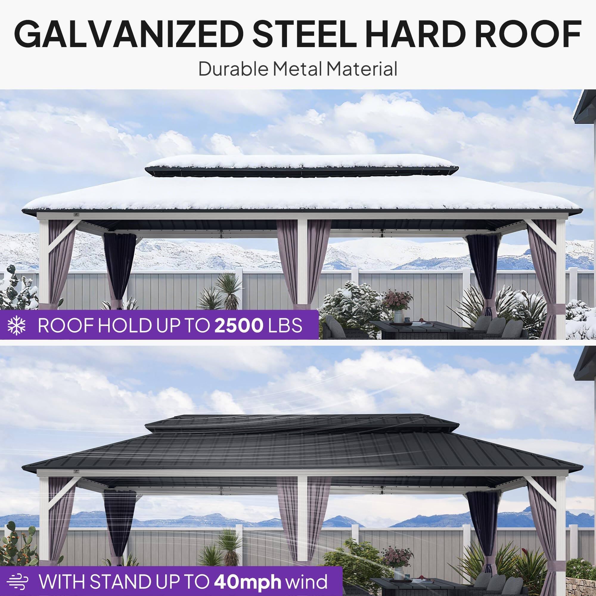GALVANIZED STEEL HARD ROOF  
Durable Metal Material  

ROOF HOLD UP TO 2500 LBS  

WITH STAND UP TO 40mph wind