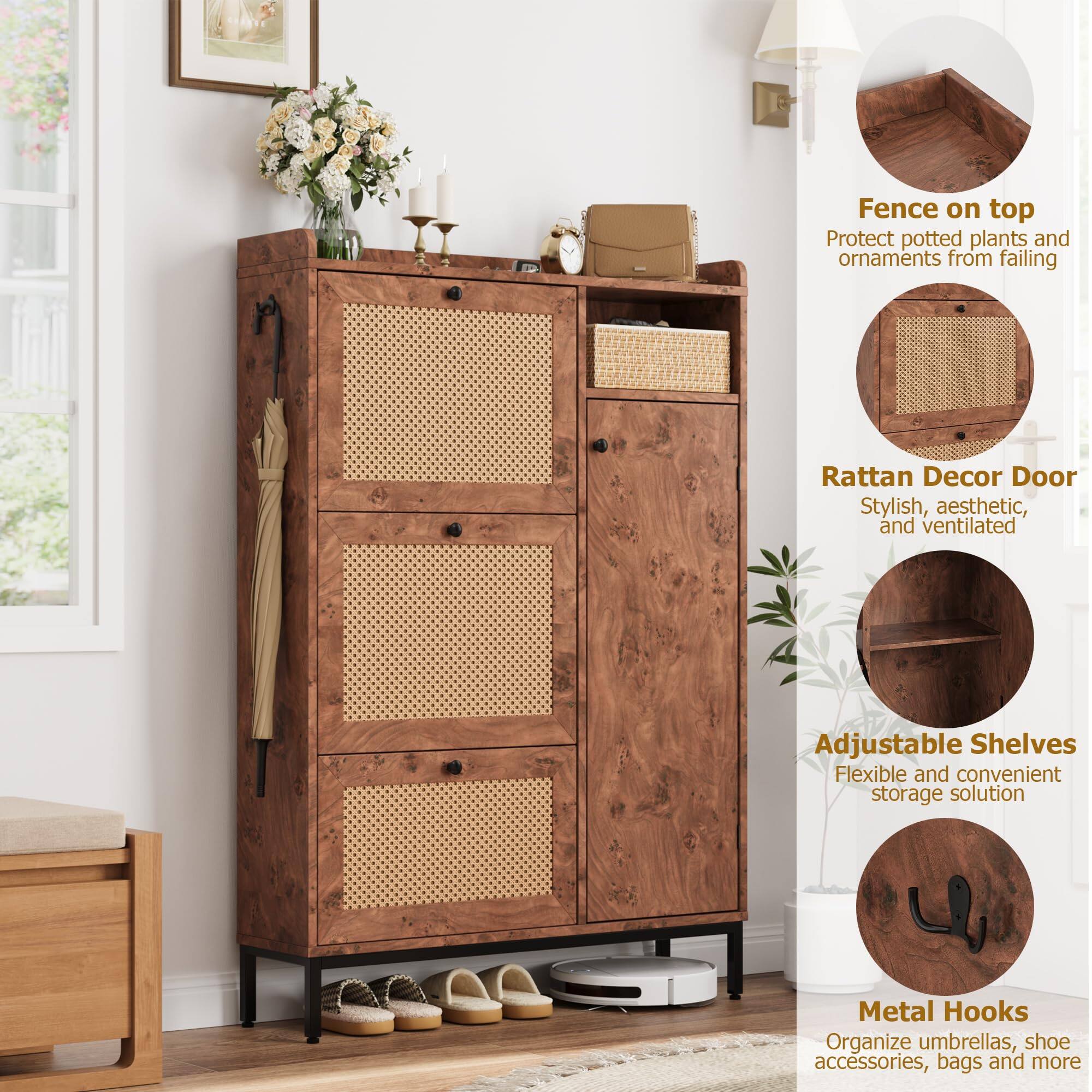 - Fence on top: Protect potted plants and ornaments from falling
- Rattan Decor Door: Stylish, aesthetic, and ventilated
- Adjustable Shelves: Flexible and convenient storage solution
- Metal Hooks: Organize umbrellas, shoe accessories, bags and more