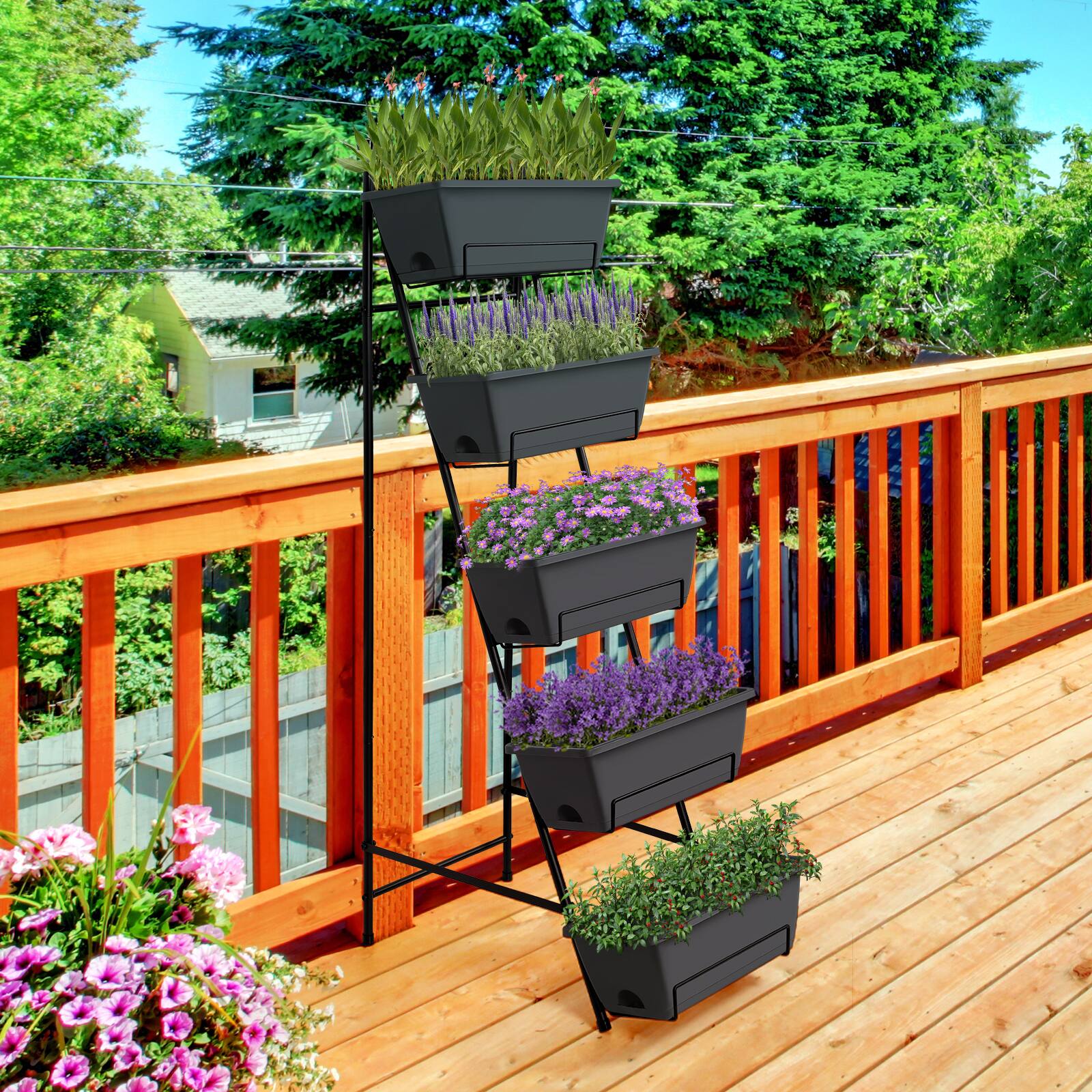 Alt View 2. Oumilen - 5-Tier Vertical Raised Garden Bed, Black Metal Plant Stand with 5 Dark Gray Planter Boxes for Patio Balcony Backyard.