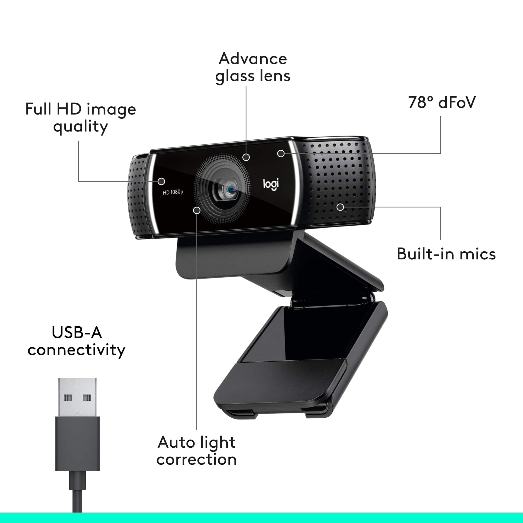 The image shows a USB-A webcam with a built-in microphone. It has a Full HD image quality and an advanced glass lens, providing a 78 dFoV HD 1080p resolution. The webcam also features auto light correction and a USB-A connectivity.