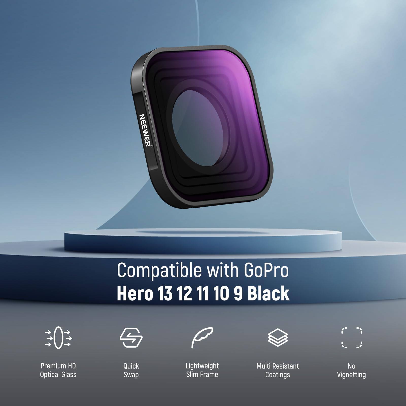 NEEWER Compatible with GoPro Hero 13 12 11 10 9 Black Premium HD Optical Glass Quick Swap Lightweight Slim Frame Multi Resistant Coatings No Vignetting
