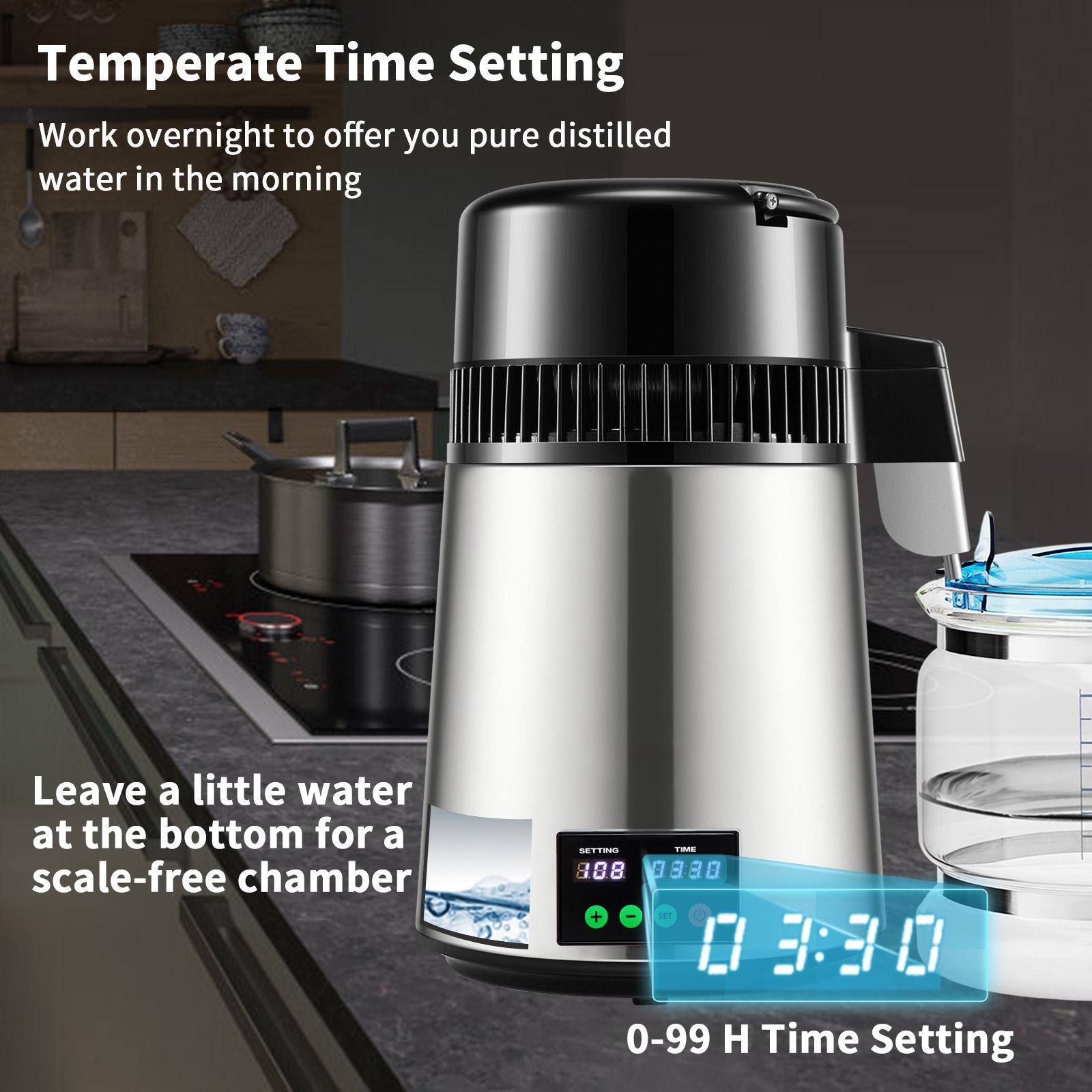 Temperate Time Setting  
Work overnight to offer you pure distilled water in the morning  

Leave a little water at the bottom for a scale-free chamber  

0-99 H Time Setting
