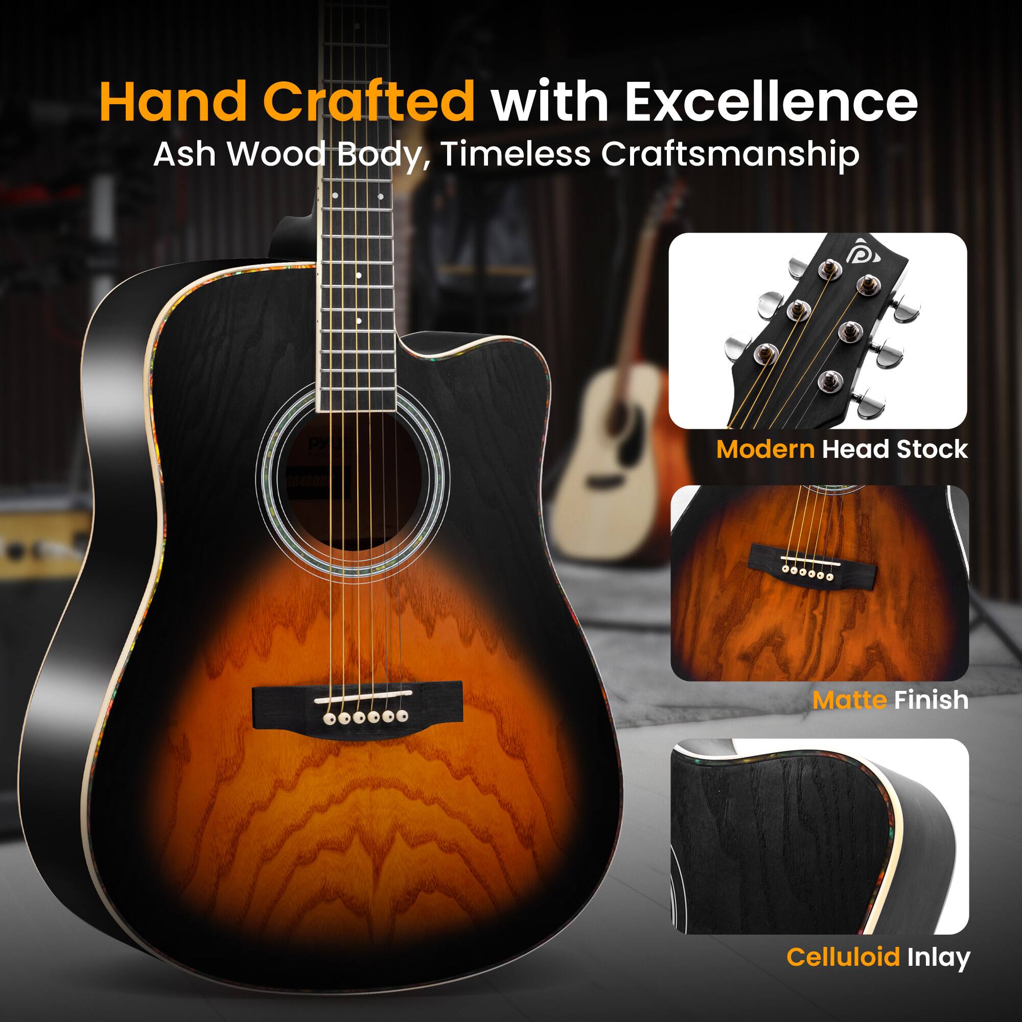 Hand Crafted with Excellence  
Ash Wood Body, Timeless Craftsmanship  

Modern Head Stock  
Matte Finish  
Celluloid Inlay
