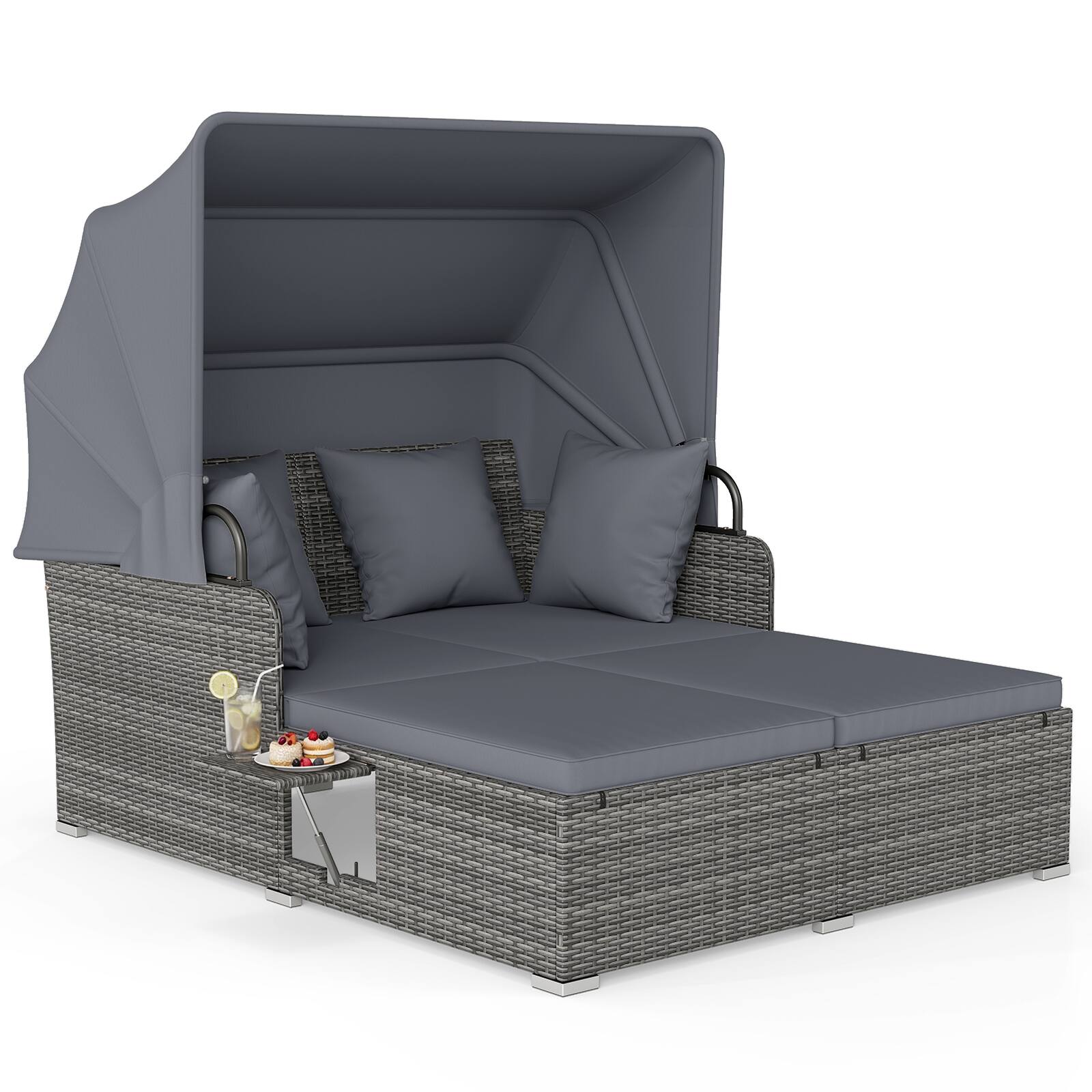 Alt View 8. Gymax - Gymax Patio Rattan Daybed Lounge Retractable Top Canopy Side Tables Cushions Grey - Grey.