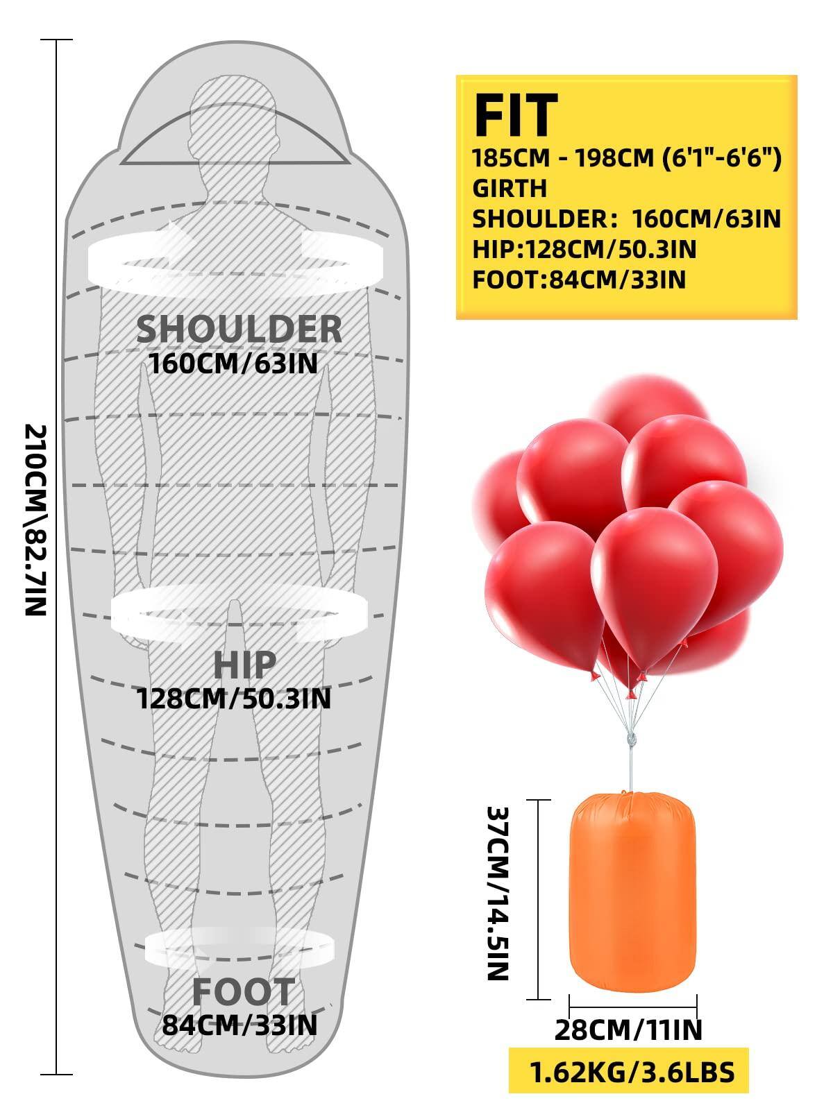 Sure, here is the corrected and grouped text:

---

**FIT**  
185CM - 198CM (6'1" - 6'6")  

**GIRTH**  
- **SHOULDER:** 160CM / 63IN  
- **HIP:** 128CM / 50.3IN  
- **FOOT:** 84CM / 33IN  

**MEASUREMENTS**  
- **SHOULDER:** 160CM / 63IN  
- **HIP:** 128CM / 50.3IN  
- **FOOT:** 84CM / 33IN  

**HEIGHT**  
210CM / 82.7IN  

**BALLOON**  
- **HEIGHT:** 37CM / 14.5IN  
- **WIDTH:** 28CM / 11IN  
- **WEIGHT:** 1.62KG / 3.6LBS  

---