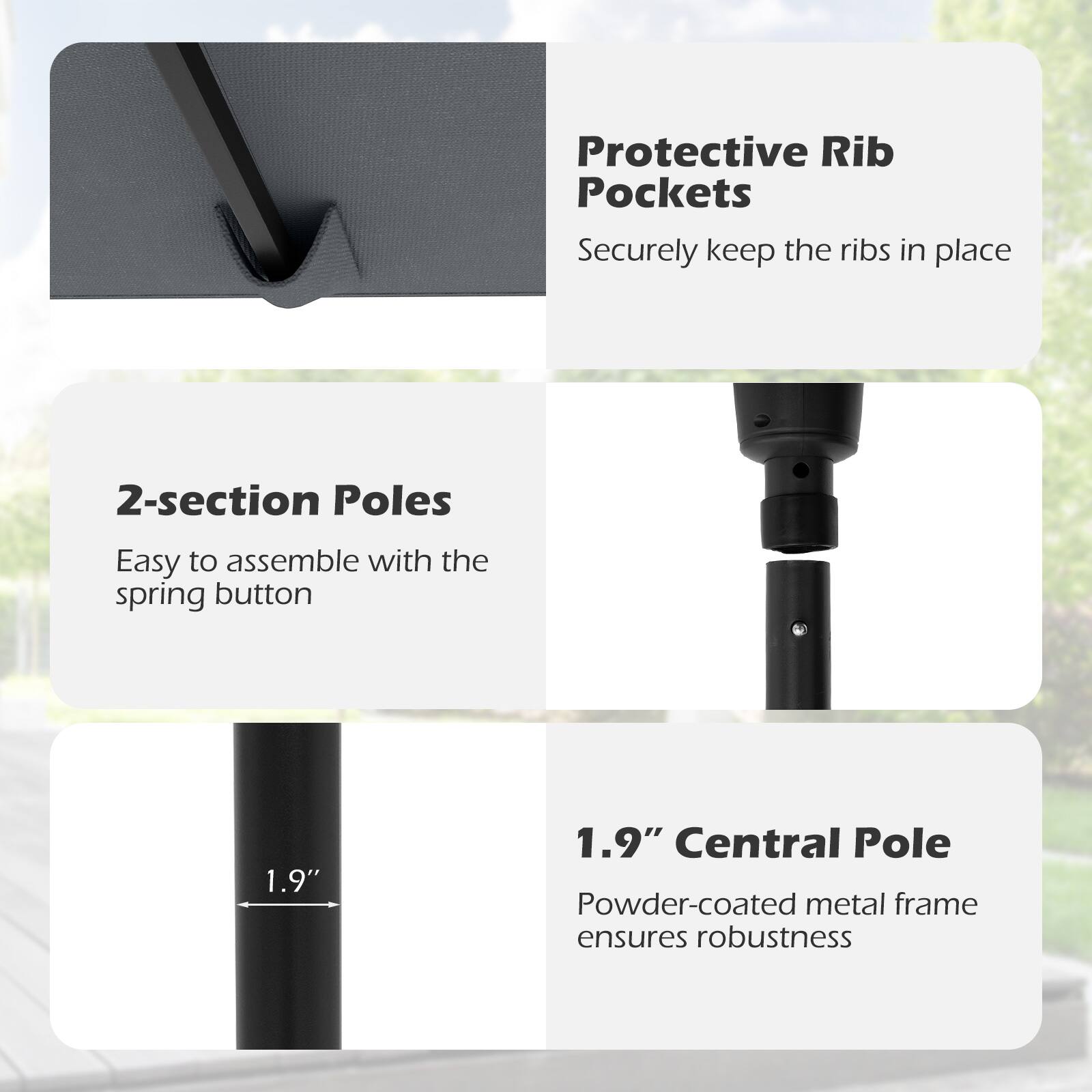 Protective Rib Pockets, 2-section Poles, 1.9" Central Pole