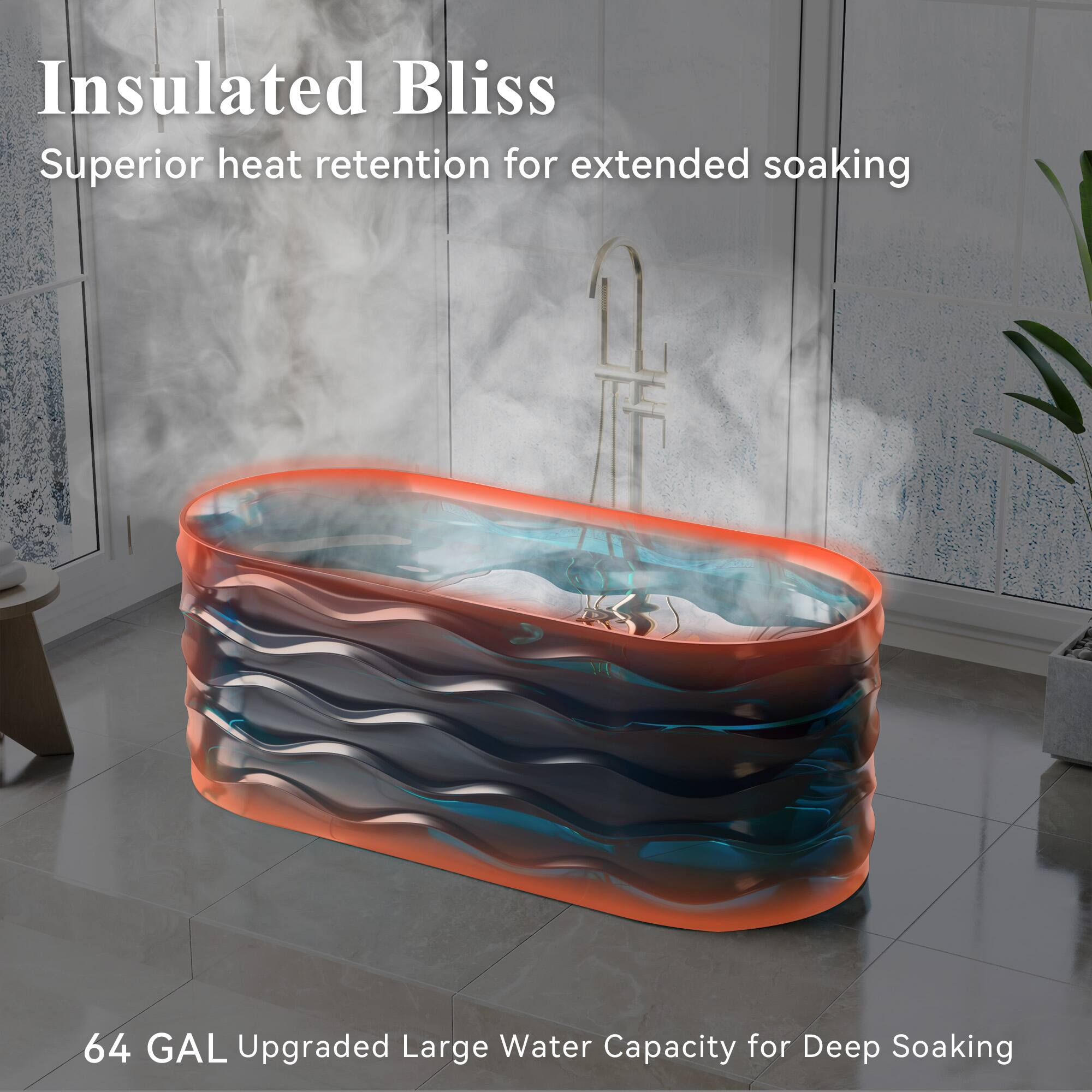 Insulated Bliss  
Superior heat retention for extended soaking  

64 GAL Upgraded Large Water Capacity for Deep Soaking