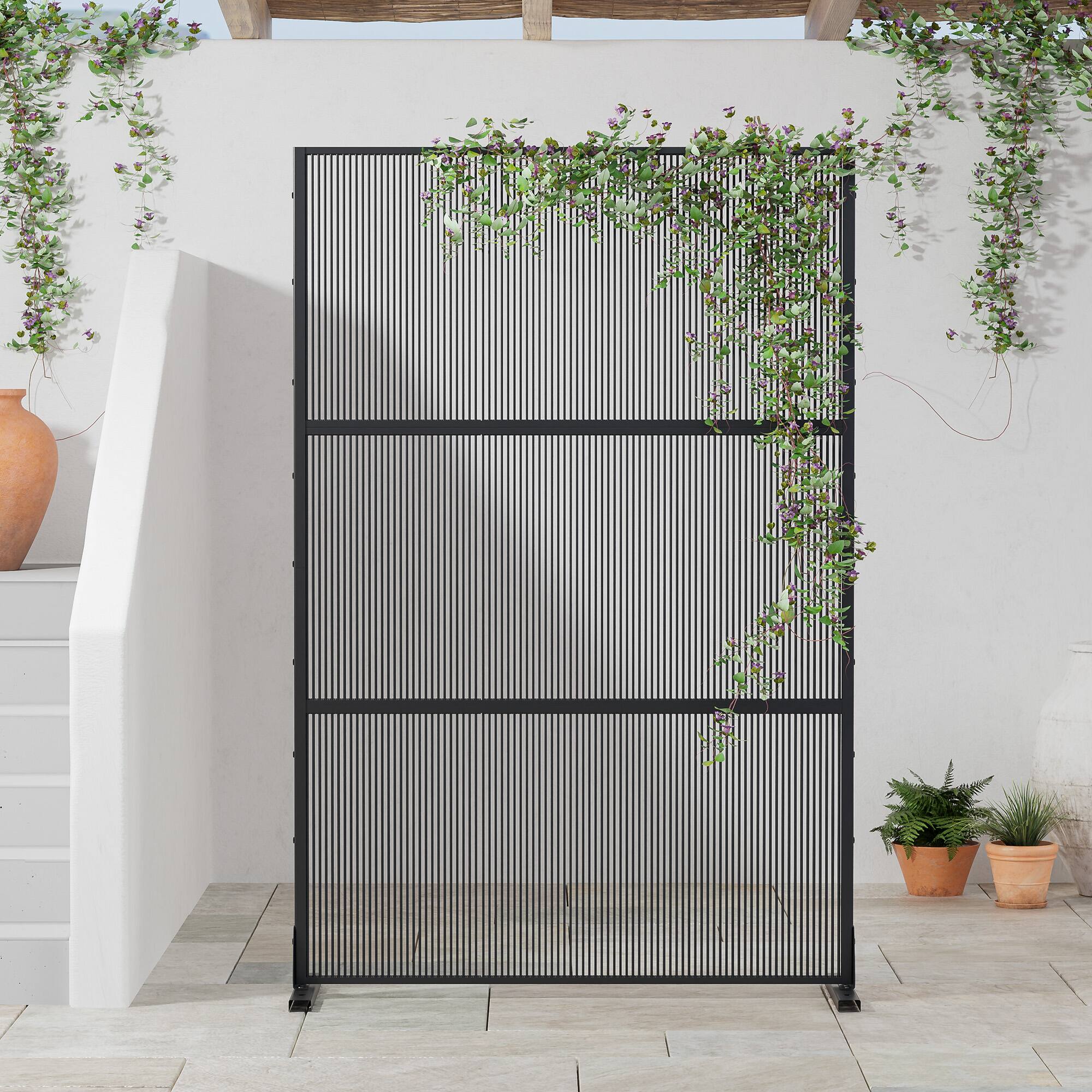 Alt View 2. PexFix - 72 in. x 47 in. Rattan Vertical Pattern Metal Outdoor Privacy Screen & Panels, Freestanding Garden Divider Fence - Black.