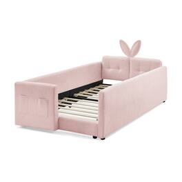 GOODSILO - Twin Size Upholstered Platform Bed with Playful Bunny Ear Headboard and Safety Features in Soft Neutral Fabric - Pink