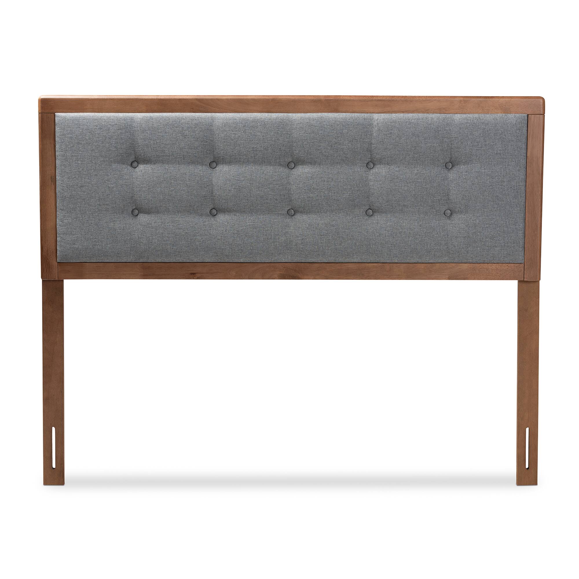 Angle. Baxton Studio - Sarine Mid-Century Modern Fabric Upholstered Finished Wood Queen Size Headboard - Dark Gray/Walnut.