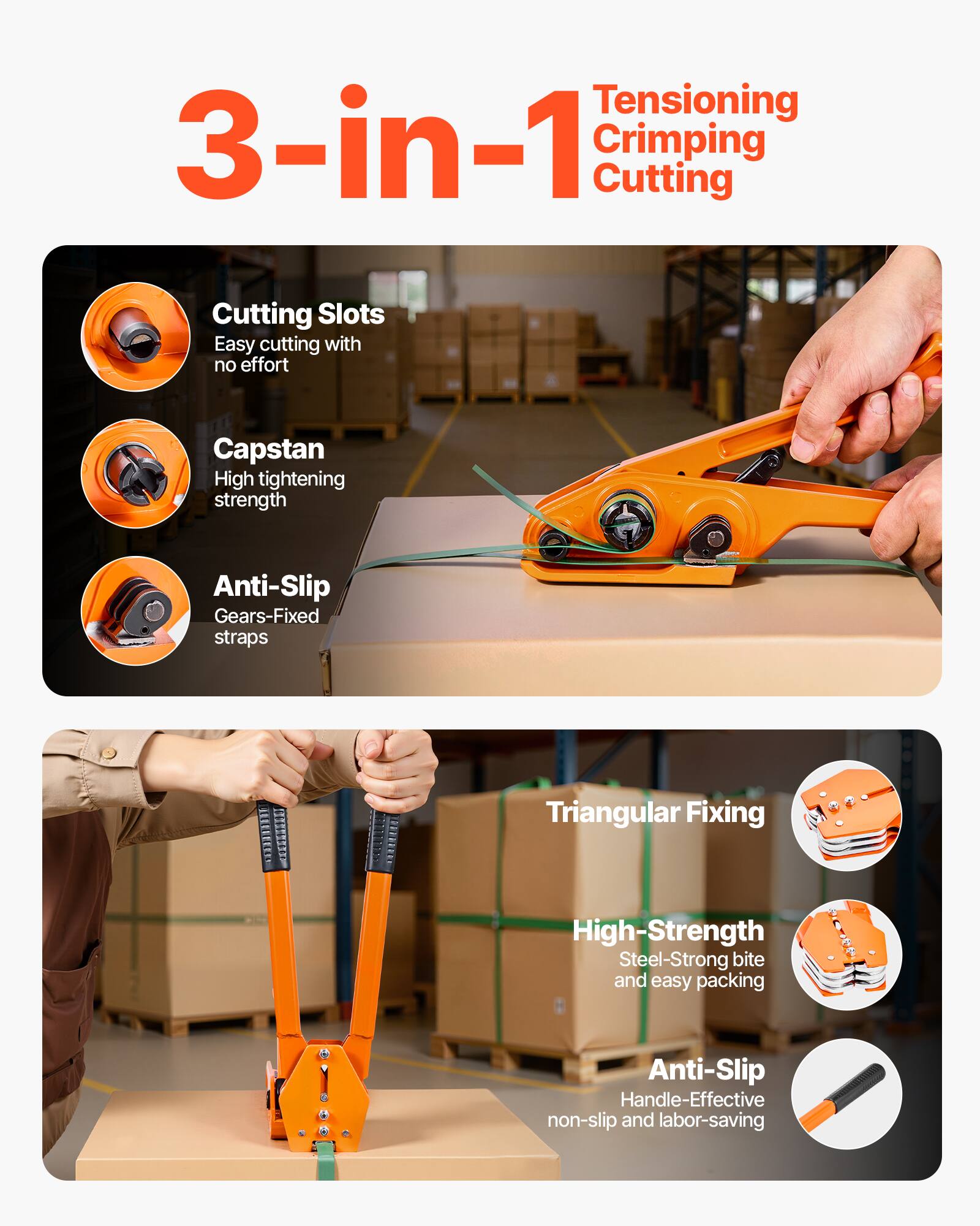 - Tensioning 3-in-1 Crimping Cutting
- Cutting Slots: Easy cutting with no effort
- Capstan: High tightening strength
- Anti-Slip: Gears-Fixed straps
- Triangular Fixing
- High-Strength Steel: Strong bite and easy packing
- Anti-Slip Handle: Effective non-slip and labor-saving