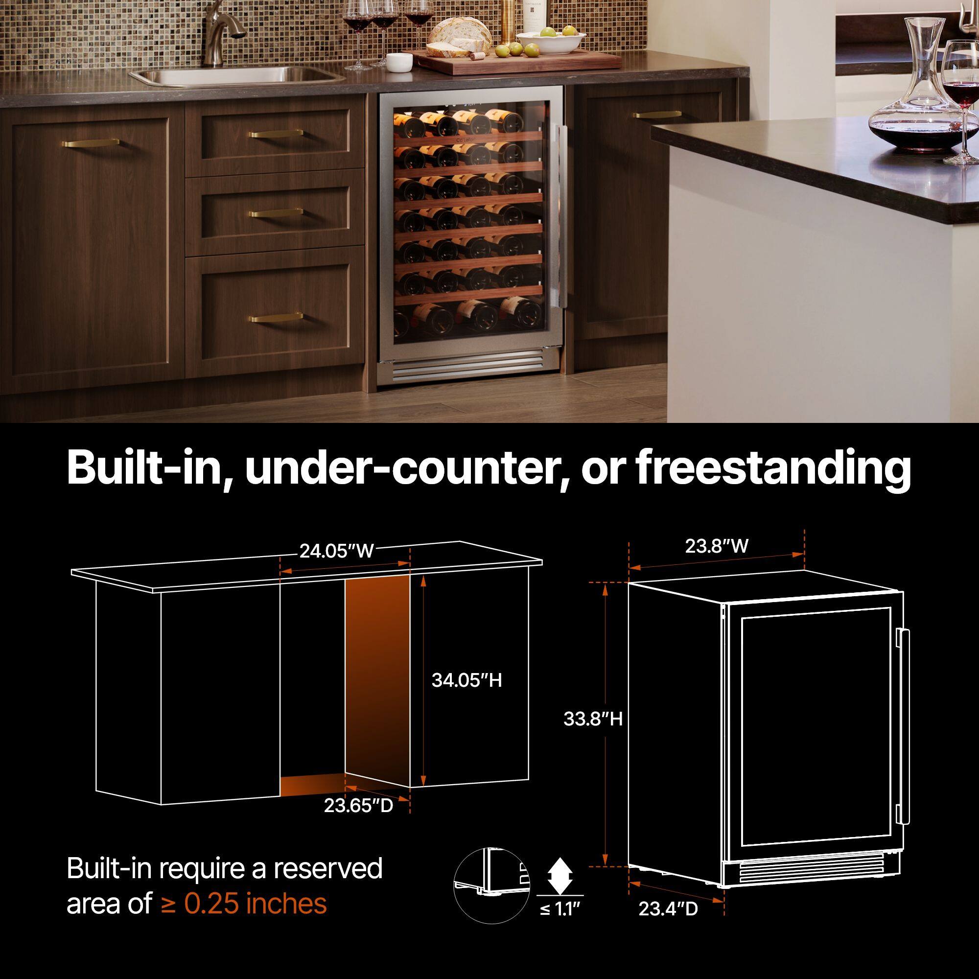 Built-in, under-counter, or freestanding

Built-in require a reserved area of ≥ 0.25 inches

Dimensions:
- Built-in: 24.05"W x 34.05"H x 23.65"D
- Freestanding: 23.8"W x 33.8"H x 23.4"D