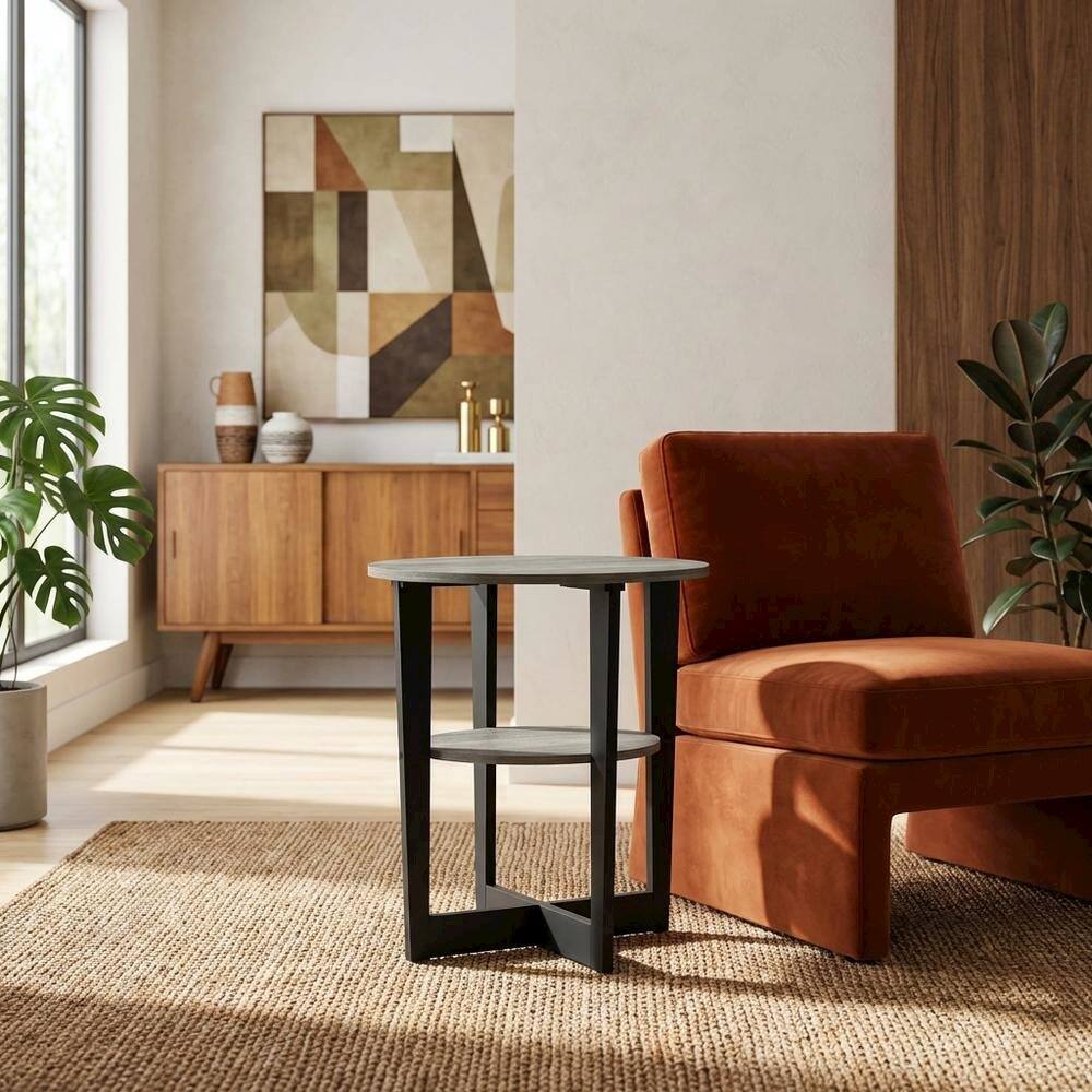 Angle. FurniFact - Grey oval end table with stylish French oak finish and modern design - French Oak Grey/Black.