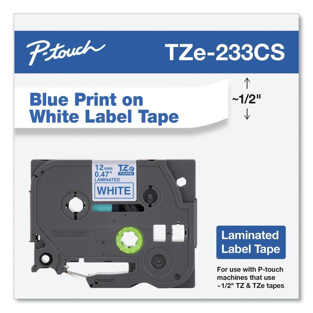 P-touch  
TZe-233CS  

Blue Print on White Label Tape  

12 mm  
0.47"  
LAMINATED  
WHITE  

Laminated Label Tape  

For use with P-touch machines that use ~1/2" TZ & TZe tapes