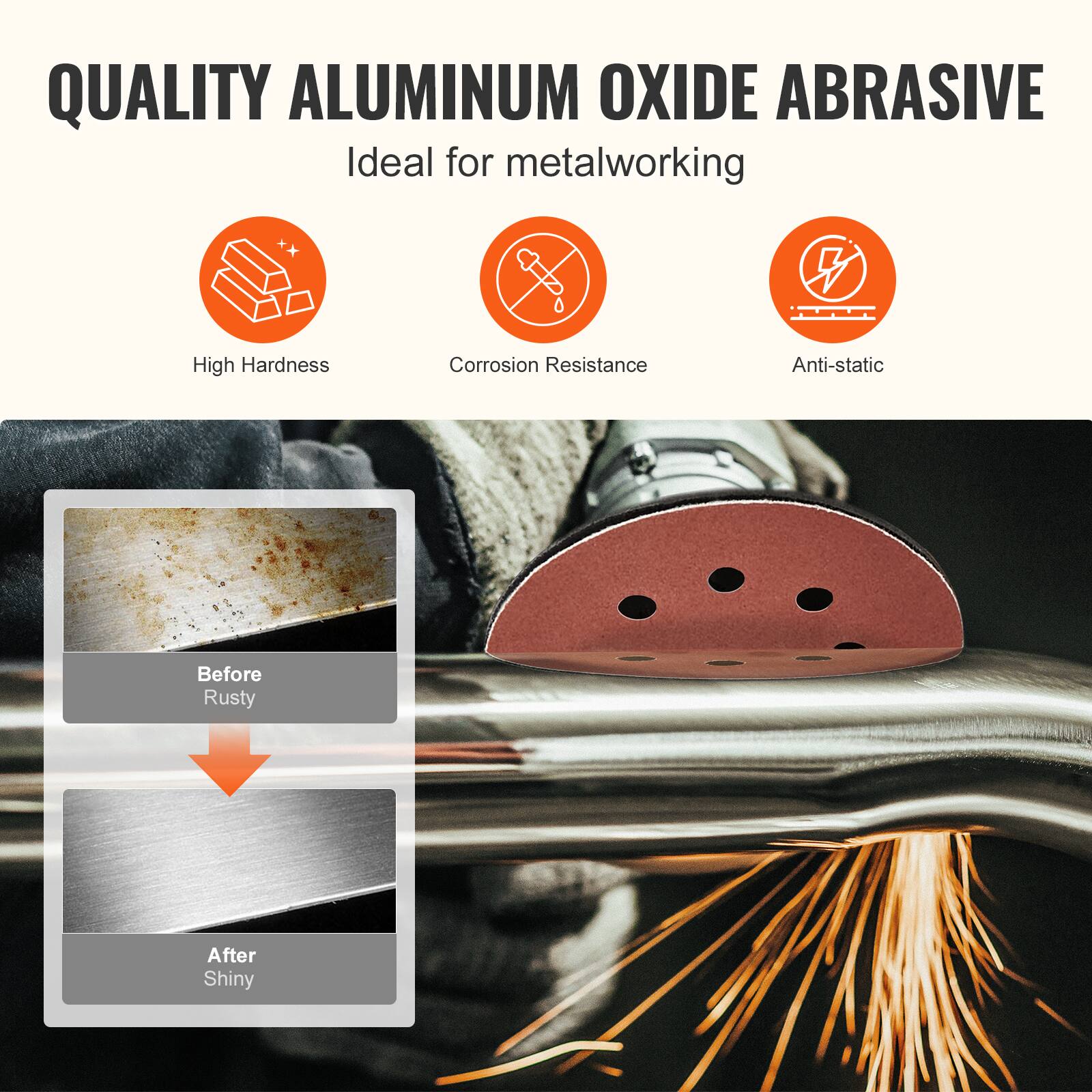 QUALITY ALUMINUM OXIDE ABRASIVE  
Ideal for metalworking  

- High Hardness  
- Corrosion Resistance  
- Anti-static  

Before Rusty  
After Shiny