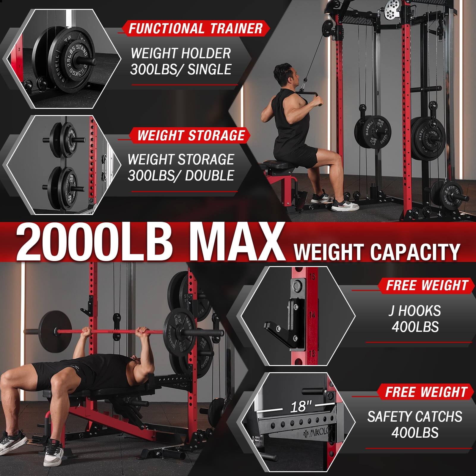 25LB5 STAND BARRE PIAETIO FUNCTIONAL TRAINER WEIGHT HOLDER 300LBS/ SINGLE WEIGHT STORAGE WEIGHT STORAGE 300LBS/ DOUBLE 2000LB MAX WEIGHT CAPACITY 15 FREE WEIGHT 14 J HOOKS 400LBS 13 18" AROLO FREE WEIGHT SAFETY CATCHS 400LBS