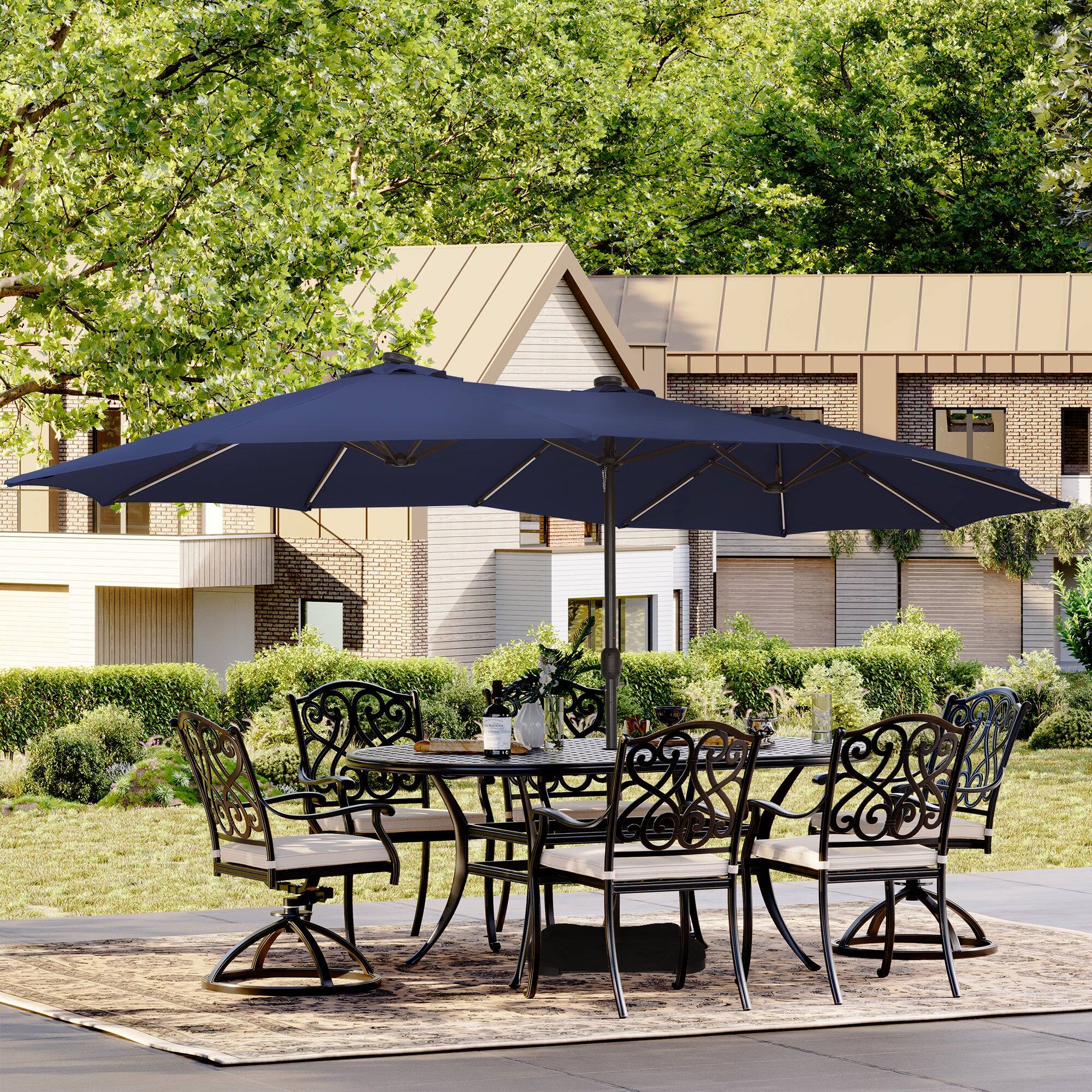 Alt View 1. Boyel Living - Navy Blue 15 FT Double-Head Patio Umbrella with Base with Solar Lights.